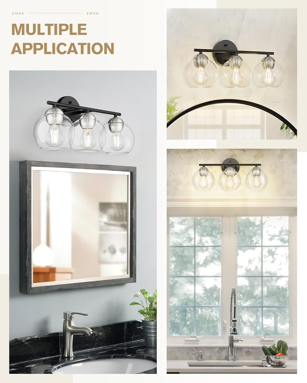 Black Vanity Lights for Mirror, Modern Farmhouse 2-Light Bathroom Light Fixtures Globe Bathroom Vanity Light with Milk Glass Shade, VL114-BK-ML-2