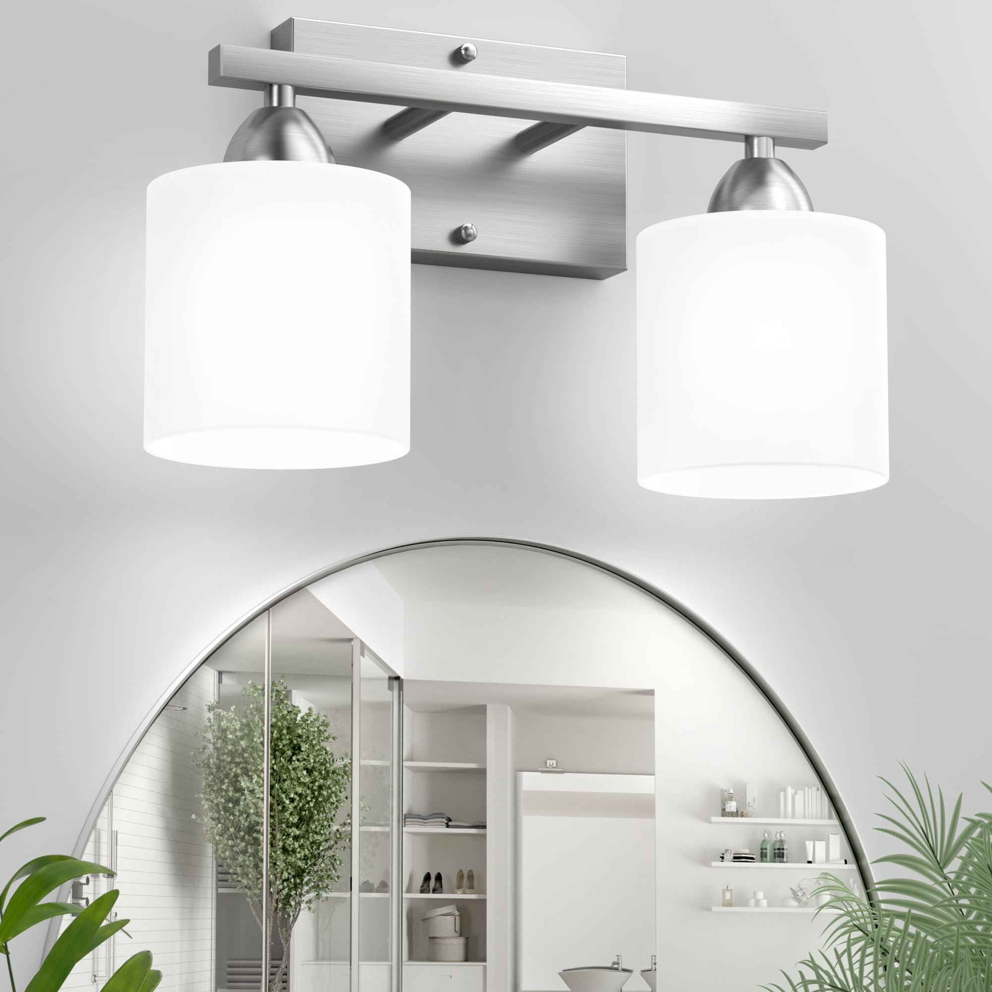 Bathroom Lighting Fixtures Over Mirror Brushed Nickel, Anti-Rust 3-Light Bathroom Vanity Lights, Modern 18Inches Wall Sconces E26 Base, Milky White Glass Shades, Bulbs Not Included