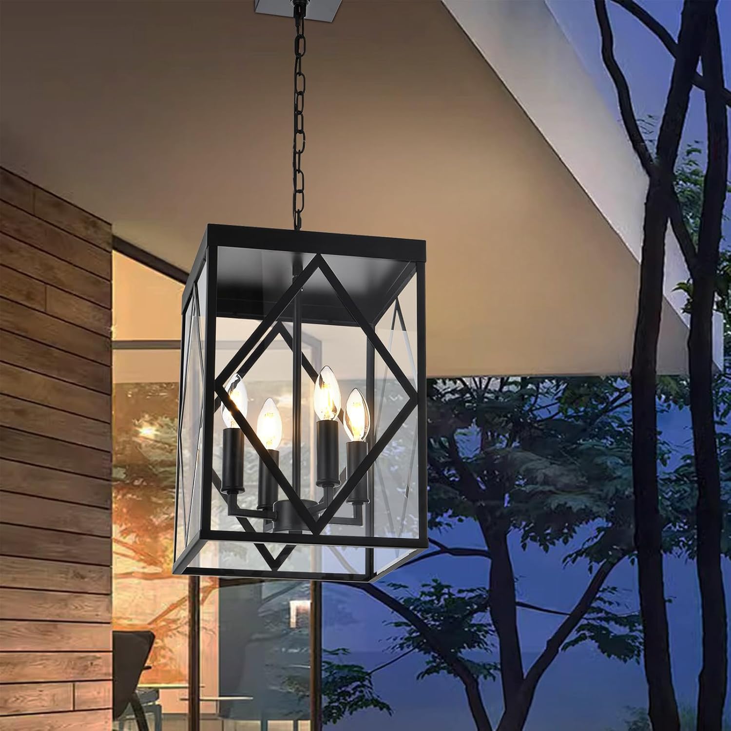 4-Light Outdoor Pendant Light Fixtures Large Black Outdoor Chandelier Cage Exterior Hanging Porch Light with Glass Shade, Outdoor Pendant Lantern Lamp for Front Porch Balcony Gazebo Foyer