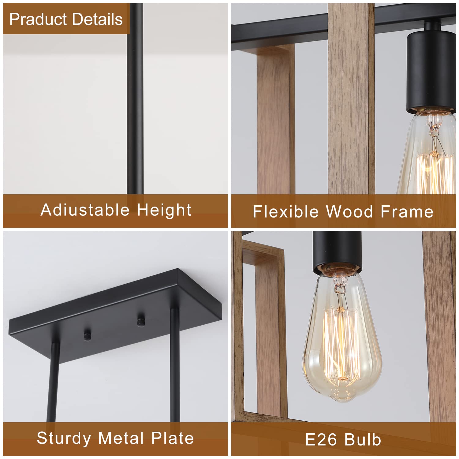 9MMML 3 Lights Kitchen Island Lighting, Modern Rectangle Linear Pendant Light, Black Frame+ Gold Socket Chandelier for Dining &Living Room Foyer Entryway Hallway,E26,Height Adjustable.