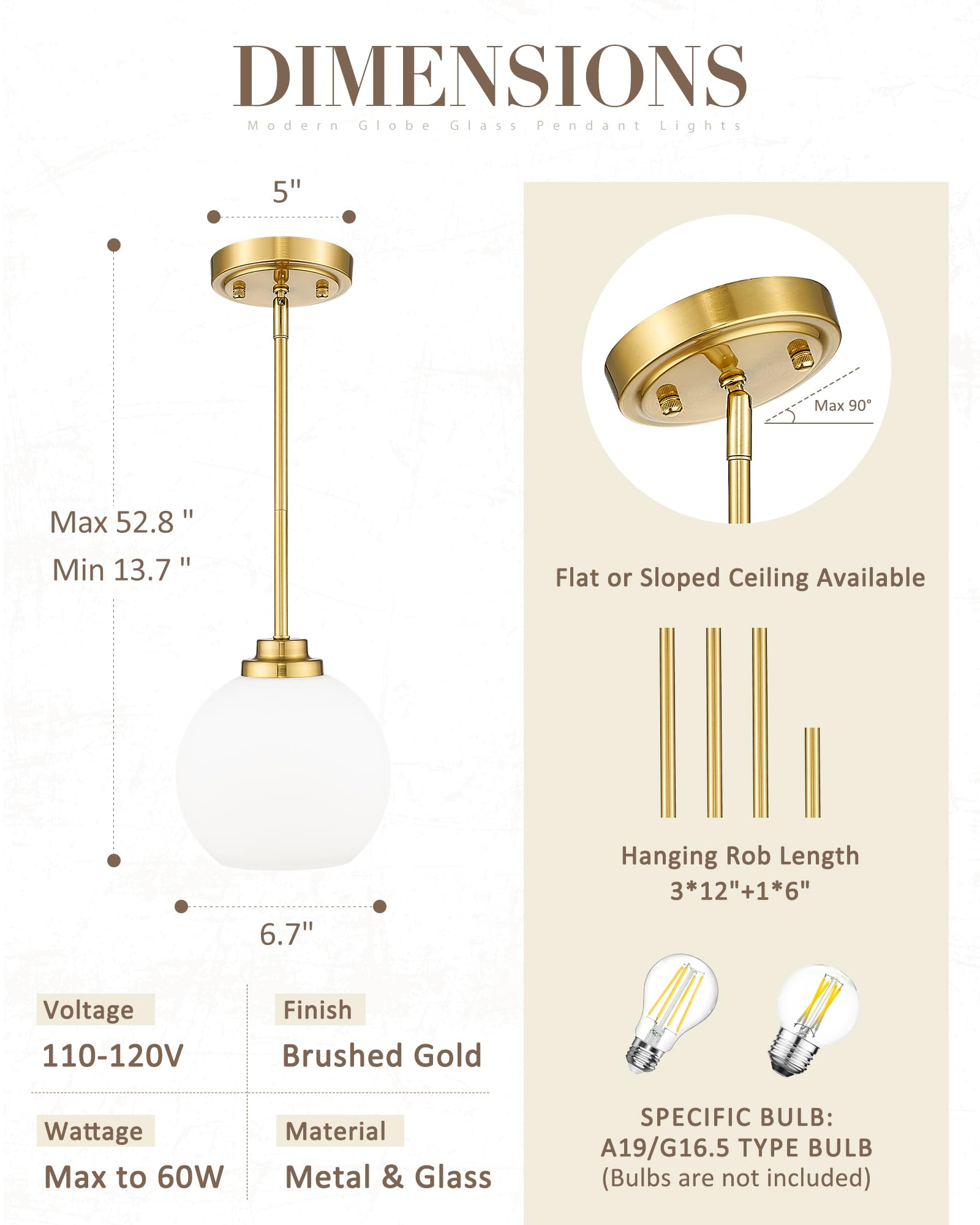 Modern Polished Gold Pendant Light, Mid Century Globe Hanging Light Fixture with Clear Glass for Kitchen Island Dining Room Bedroom Hallway Foyer (2 Pack), PL101BG-2PK