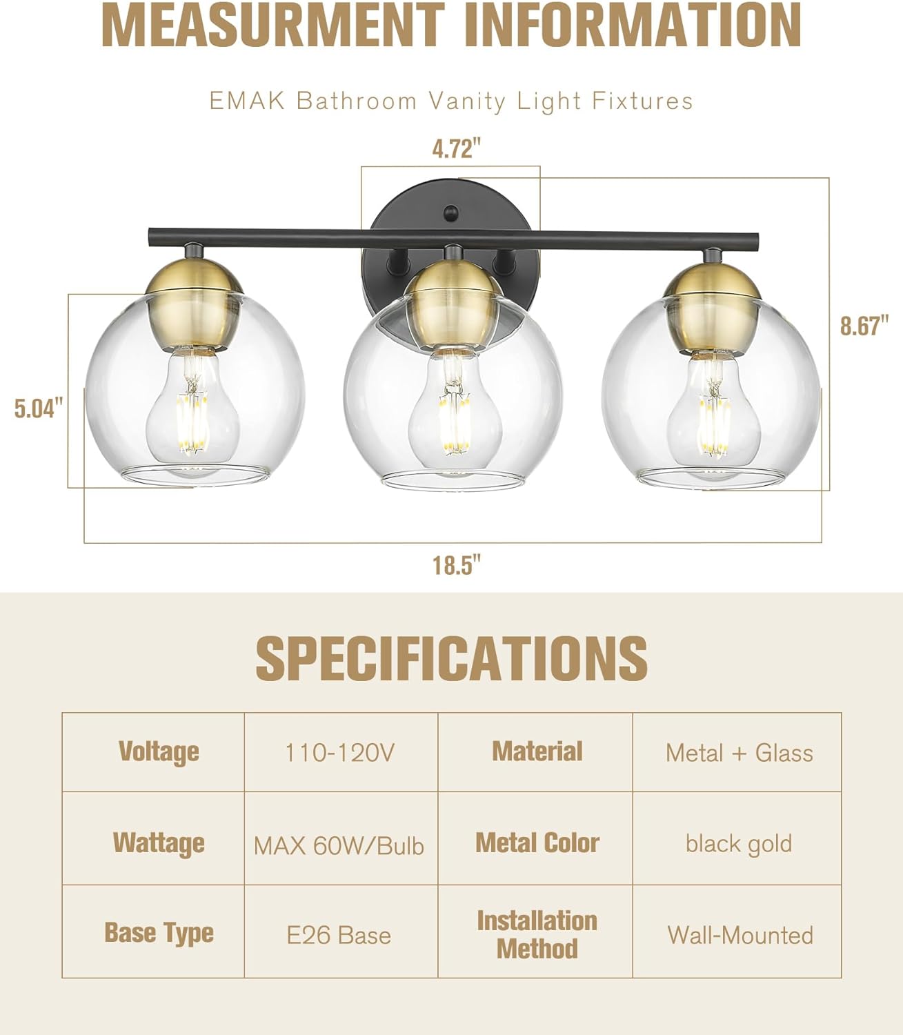 Black Vanity Lights for Mirror, Modern Farmhouse 2-Light Bathroom Light Fixtures Globe Bathroom Vanity Light with Milk Glass Shade, VL114-BK-ML-2