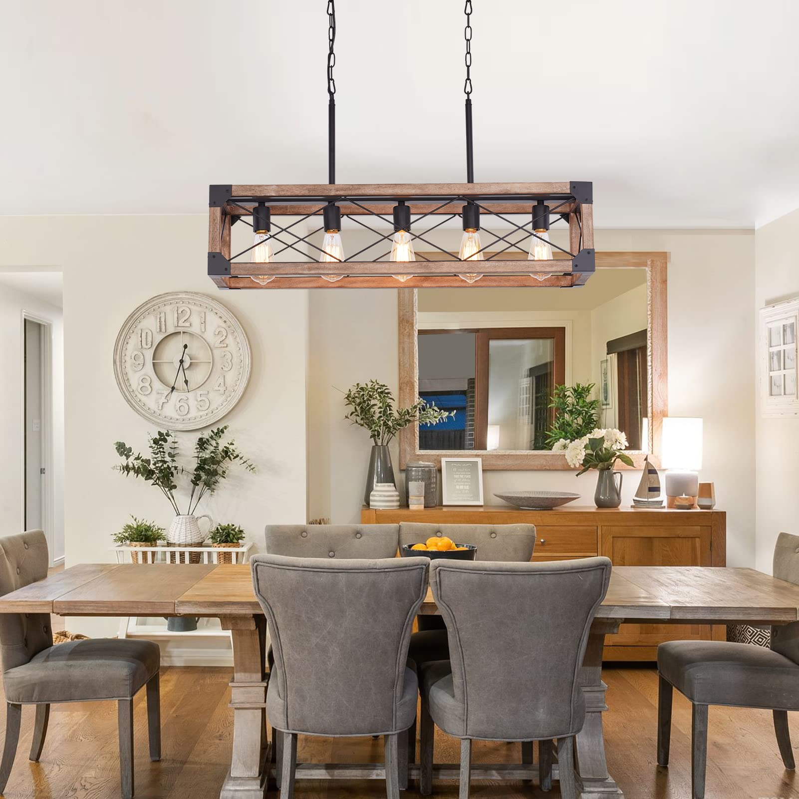 Rattan Farmhouse Chandeliers for Dining Room, Boho Kitchen Island Lighting, 5-Light Linear Chandelier Rectangle Pendant Lighting, Rustic Wood Chandeliers Black Hanging Light Fixtures for Living Room