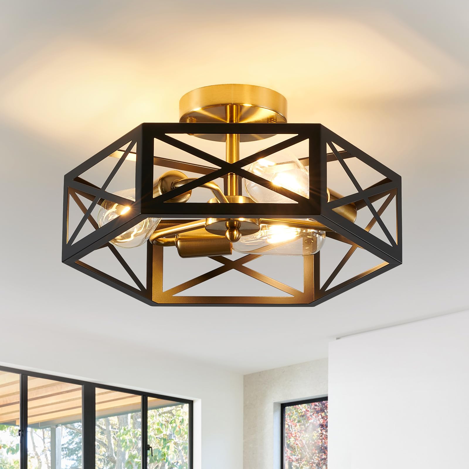 Semi Flush Mount Ceiling Light Fixture, Modern Farmhouse 3-Light Black Ceiling Light, Industrial Close to Ceiling Light with Metal Hexagon Cage Ceiling Lamp for Kitchen, Hallway, Bathroom