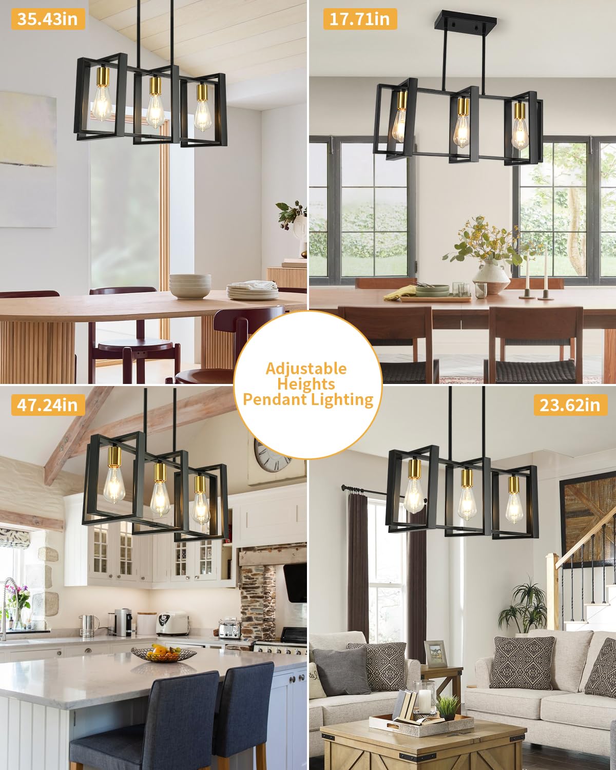 Farmhouse Kitchen Island Lighting Black Pendant Light Fixtures 4-Light Dining Room Lights Wood Chandelier Adjustable Hanging Pendant Lighting for Kitchen Island