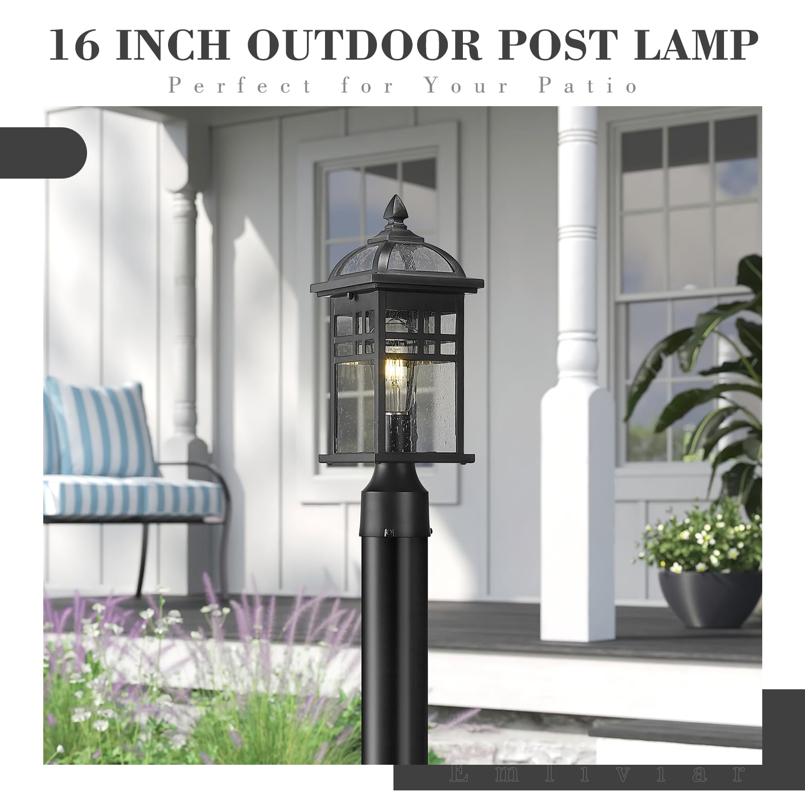 20 Inch Outdoor Pendant Light for Porch, Outdoor Chandelier for Porch, Die-Cast Aluminum with Seeded Glass, Black Finish, DE281H-M BK