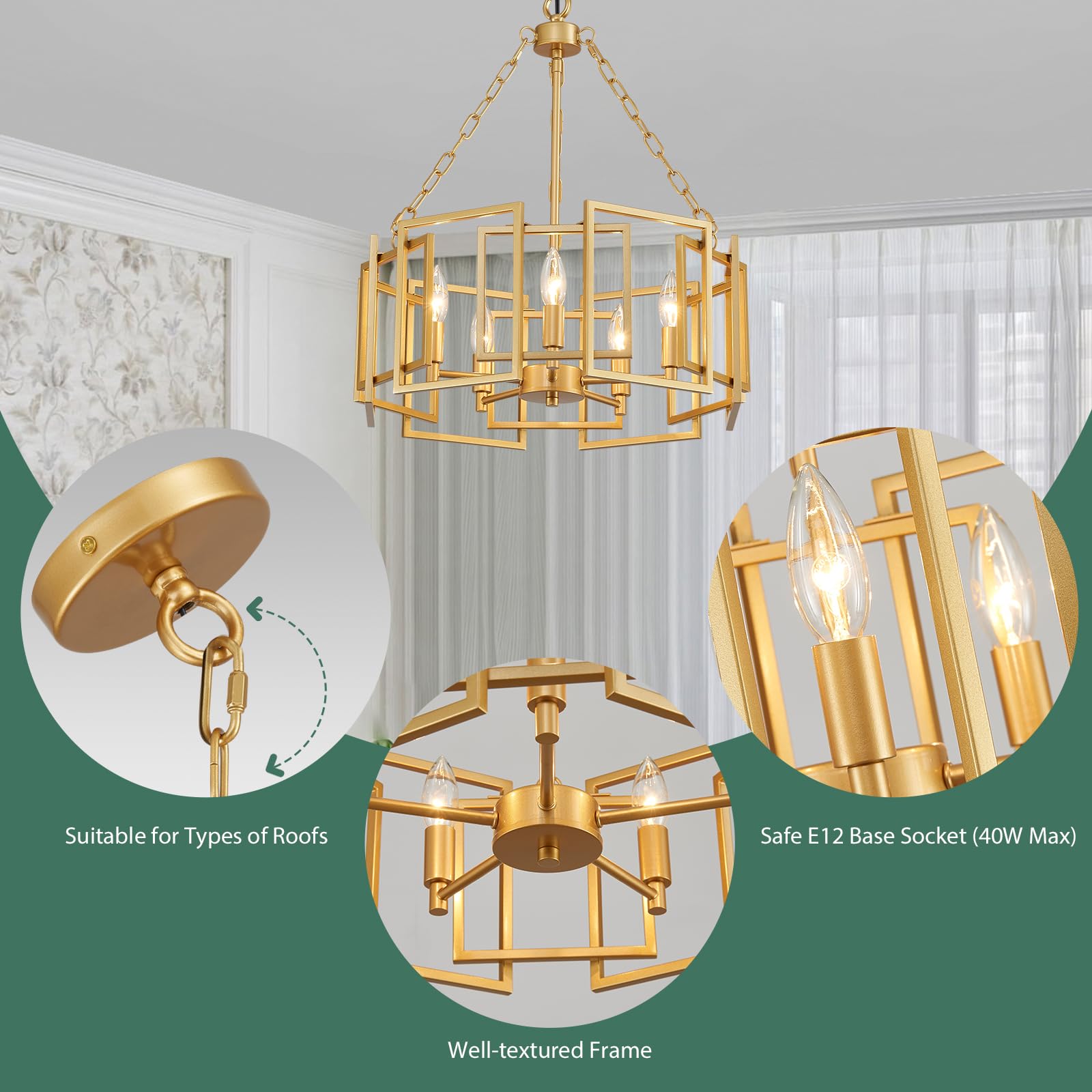 Gold Chandelier 5-Light Modern Kitchen Island Lighting Fixtures, Farmhouse Pendant Light 20 inches Retro Height Adjustable Ceiling Light for Dining Room, Bedroom, Living Room,Foyer