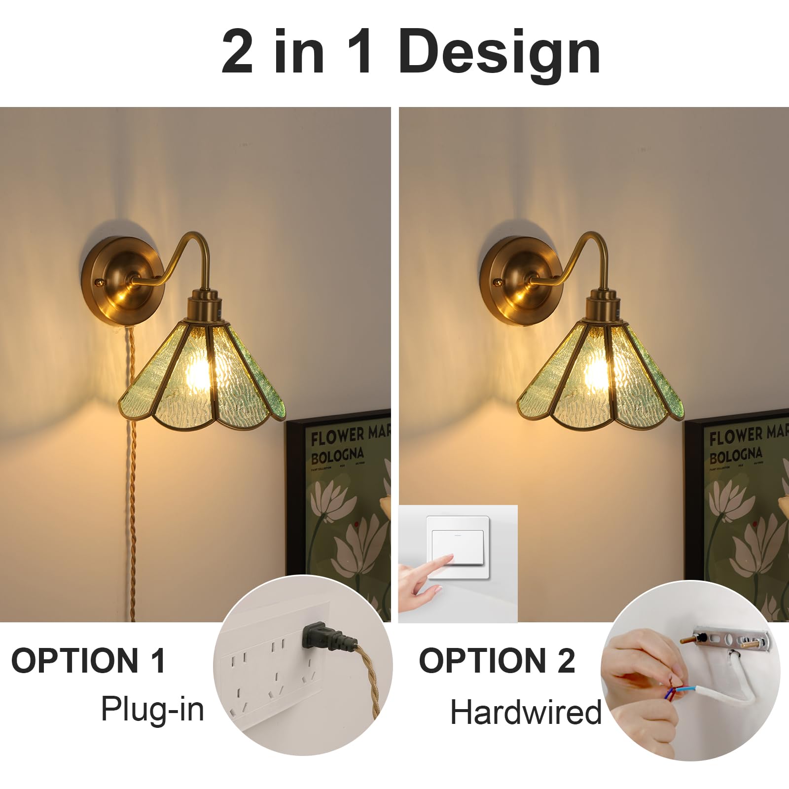 Wall Sconce, Wall Mounted Lamps with Green Checker Sconce, Stained Glass Shade Brass Wall Lights Fixture with Plug in Cord and Switch for Bedroom Bathroom Living Room Hallway