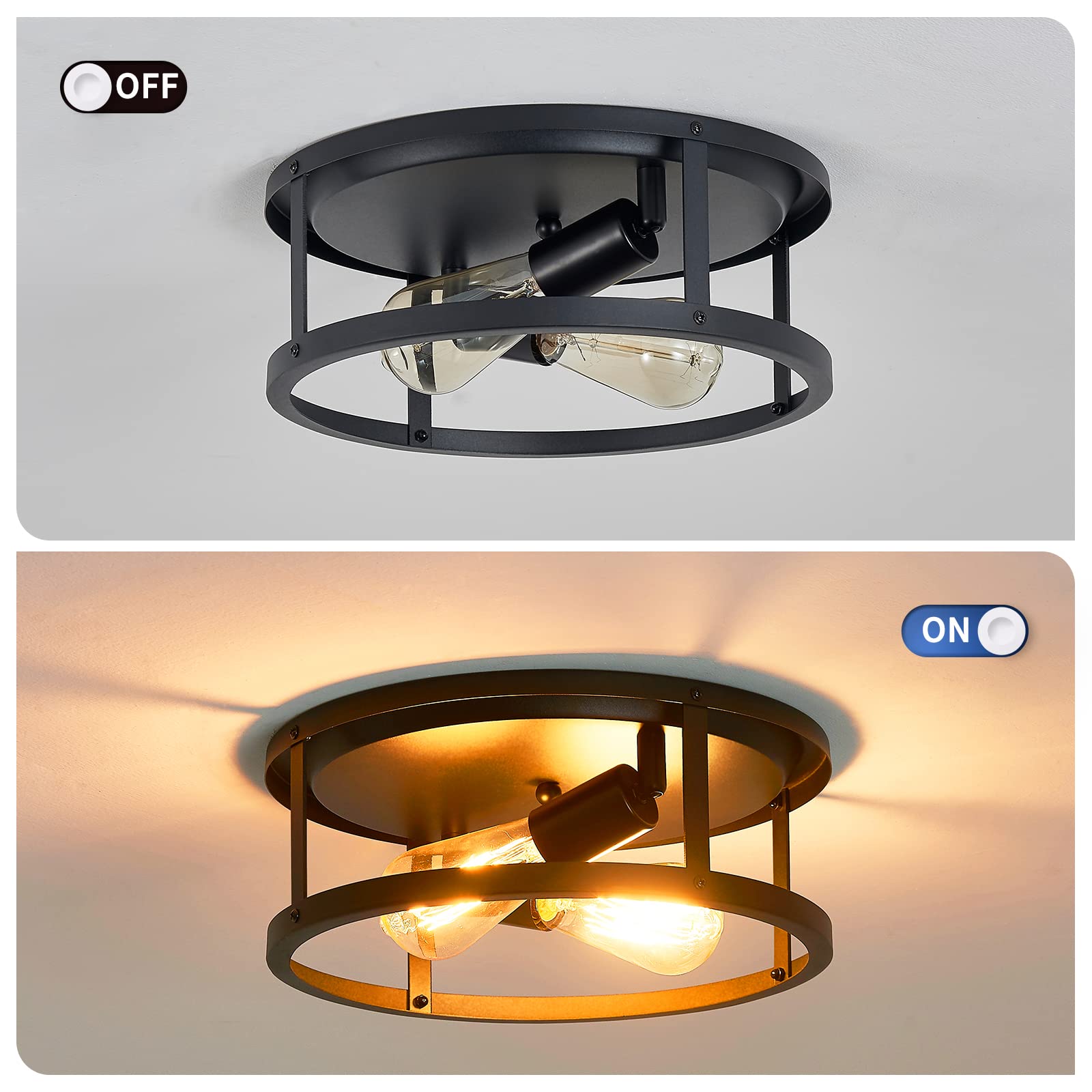 3-Light Semi Flush Mount Ceiling Light,Farmhouse Flush Mount Light Fixture,Industrial Ceiling Light Black Metal Cage Ceiling Lighting for Kitchen Foyer Hallway Entryway 2 Pack