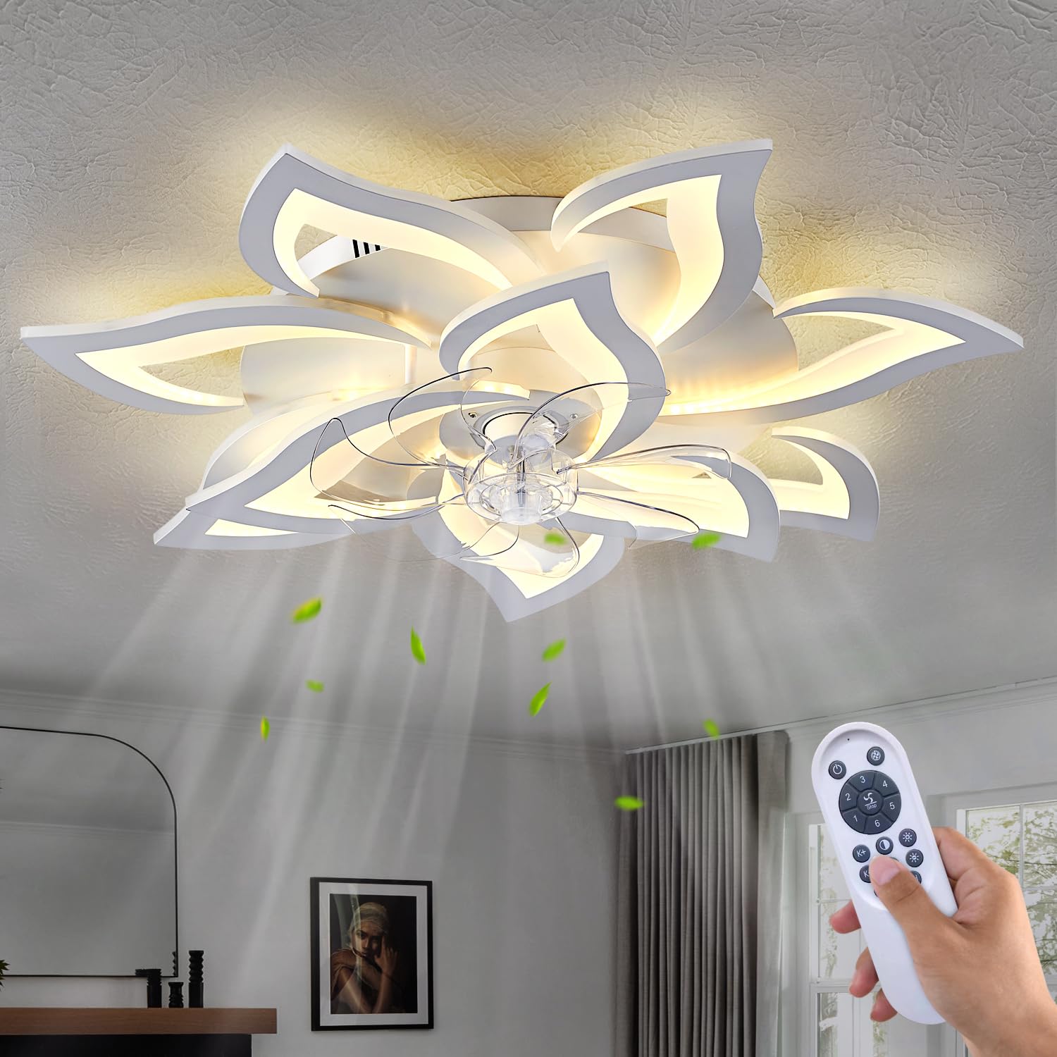 Ceiling Fan with Lights Remote Control, 24" Black, 6 Speeds 3 Light Color Low Profile Flush Mount Ceiling Fan for Kitchen Bedroom