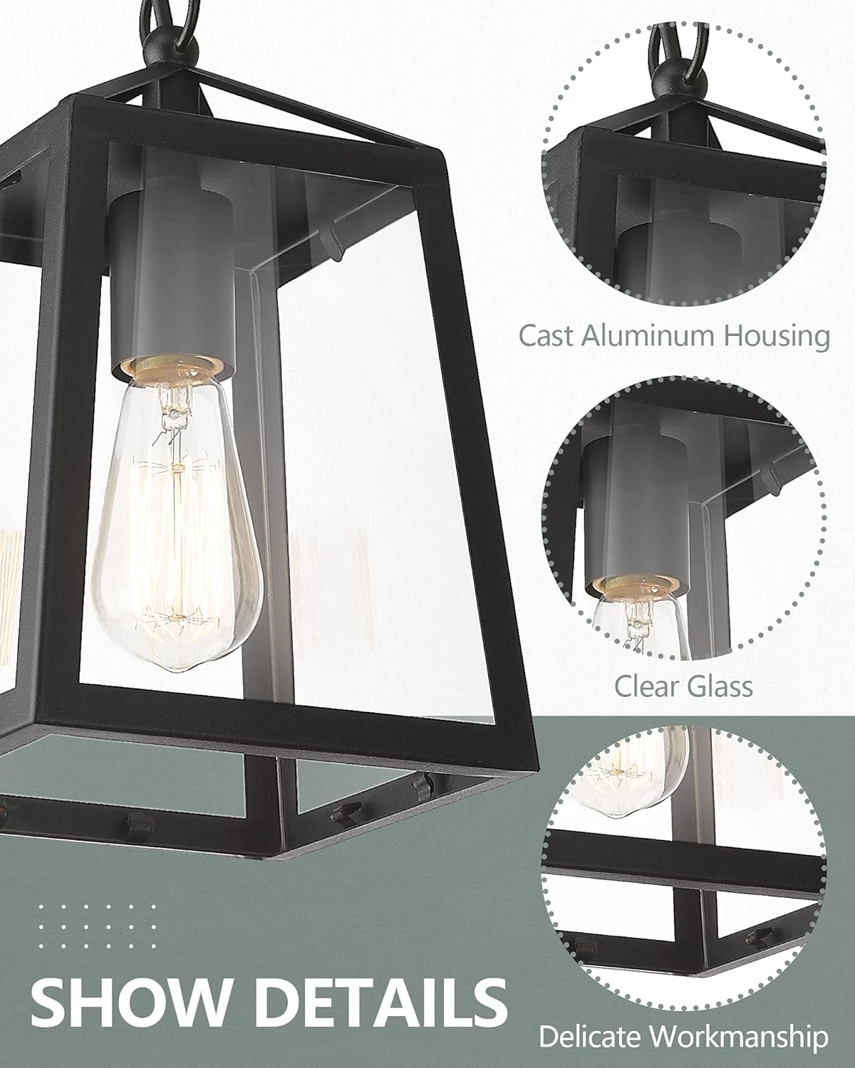 Outdoor Pendant Lights for Porch,Exterior Hanging Light Fixtures,Outdoor Lantern Pendant Light in Textured Black Finish w/Clear Glass Panel - 2451-1H