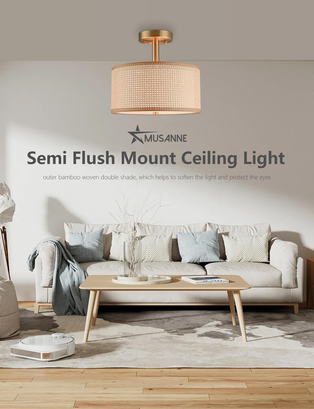 Semi Flush Mount Ceiling Light, Linen Fabric 12'' Drum Ceiling Light Fixture,Modern Gold Brass 3-Light Close to Ceiling Light Fixture for Dining Room Bedroom Living Room Hallway Kitchen