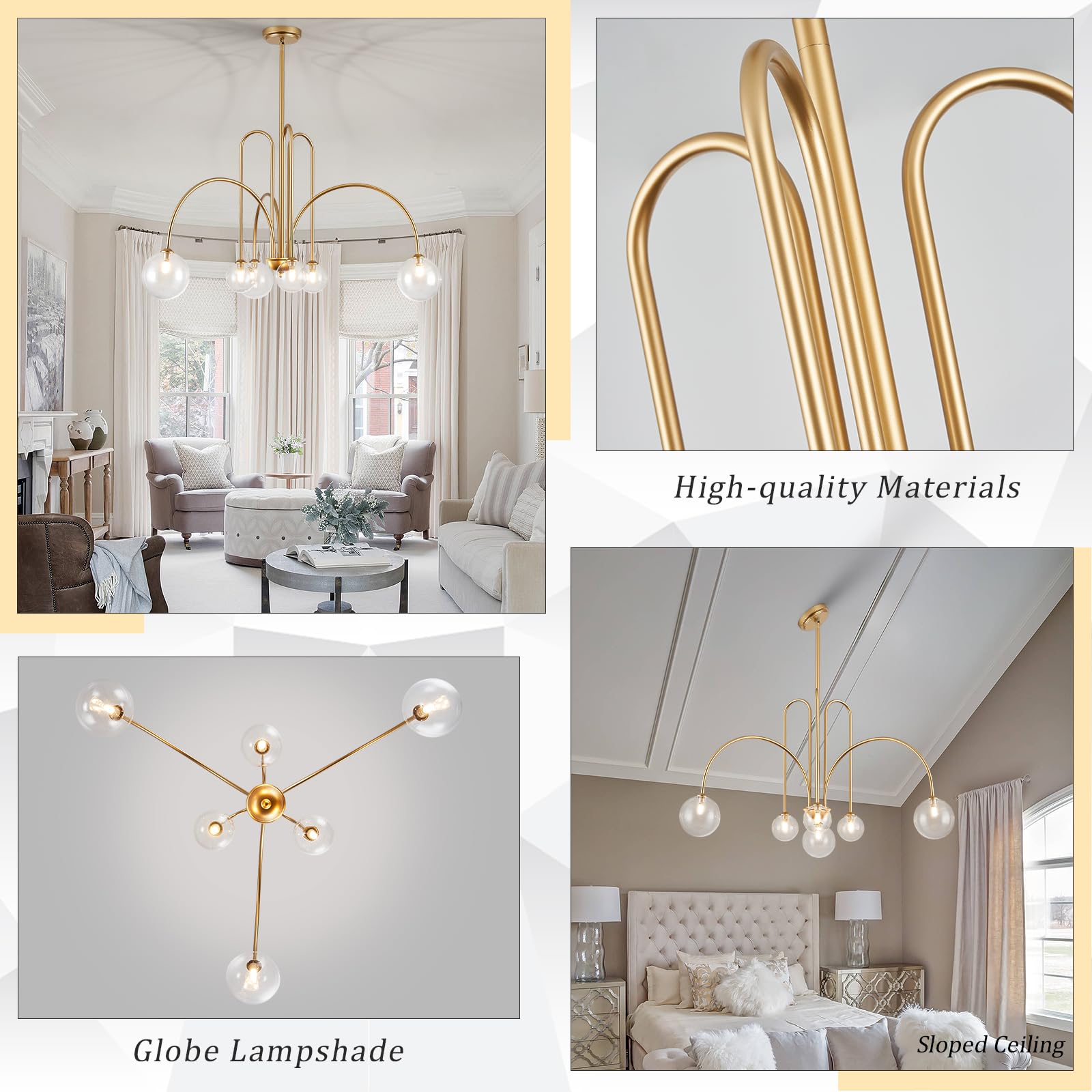 Gold Sputnik Chandeliers for Dining Room,Mid Century Crystal Glass Chandeliers 6 Lights Modern Ceiling Pendant Light Fixtures Iceberg Shape for Living Room Kitchen Island Bedroom