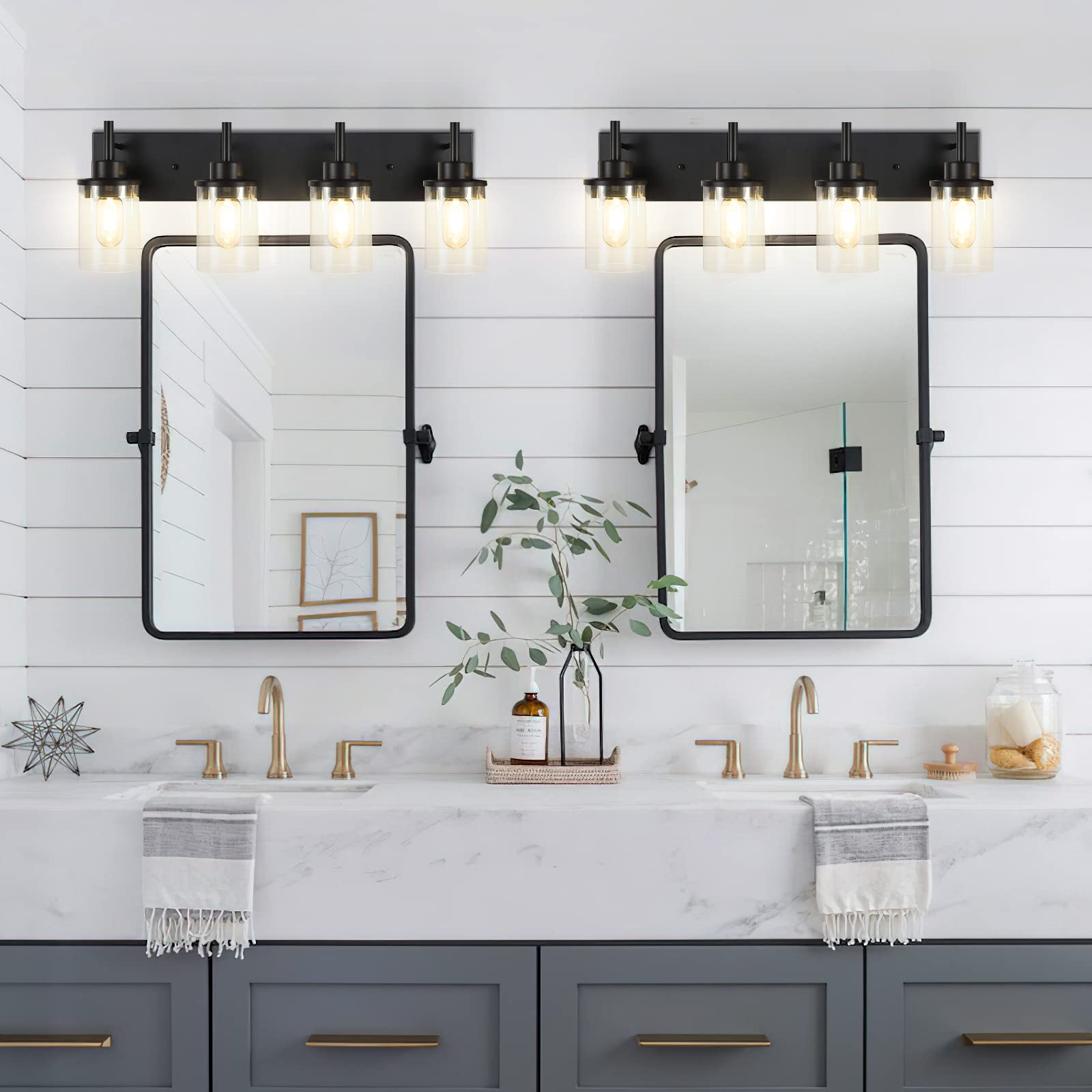 Bathroom Vanity Light Fixtures, 2 Light Wall Sconce Black Vintage Industrial Farmhouse Sconces Wall Lighting with Clear Glass Shade for Bathroom Bedroom Living Room