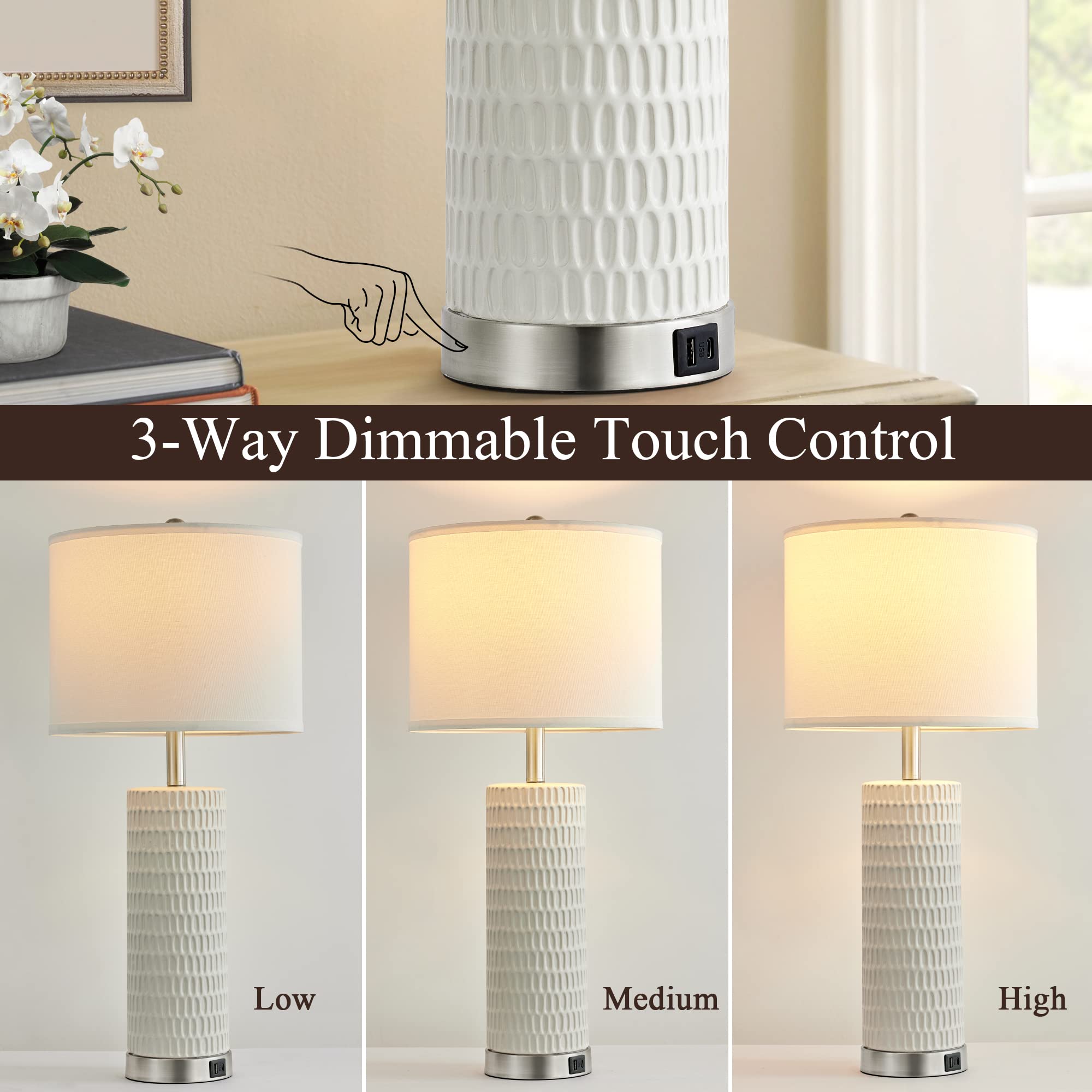 28" Ceramic Table Lamp Set of 2, 3 Way Dimmable Touch Control Table Lamp with 2 USB Charging Ports for Bedroom Living Room，Modern Nightstand Lamp End Table Lamps(2 Bulbs Included)