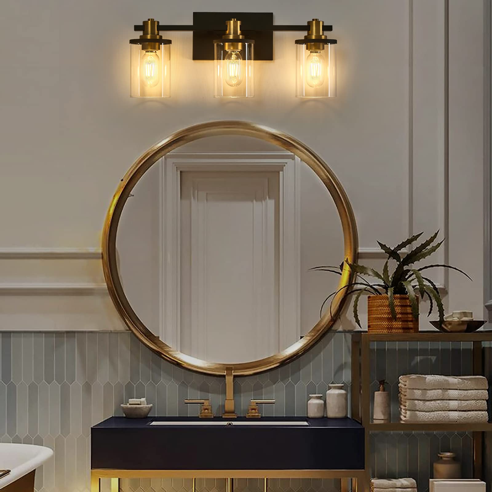 3 Light Bathroom Vanity Light, Black and Gold Bathroom Light Fixtures with Clear Glass Shade, Matte Black Finish, Brushed Gold Copper Accent Socket, Modern Gold Vanity Lights for Bathroom Over Mirror