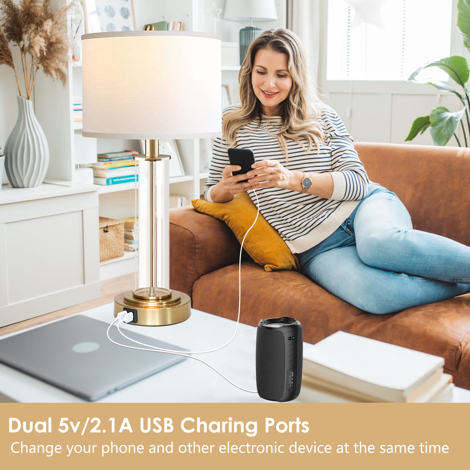 Table Lamps for Bedrooms Set of 2, 26'' Tall Glass Bedside Table Lamp with Dual USB Charging Ports,Touch Bedroom Modern Lamps with Gery Fabric LampShade for Nightstand Living Room,Bulbs Included