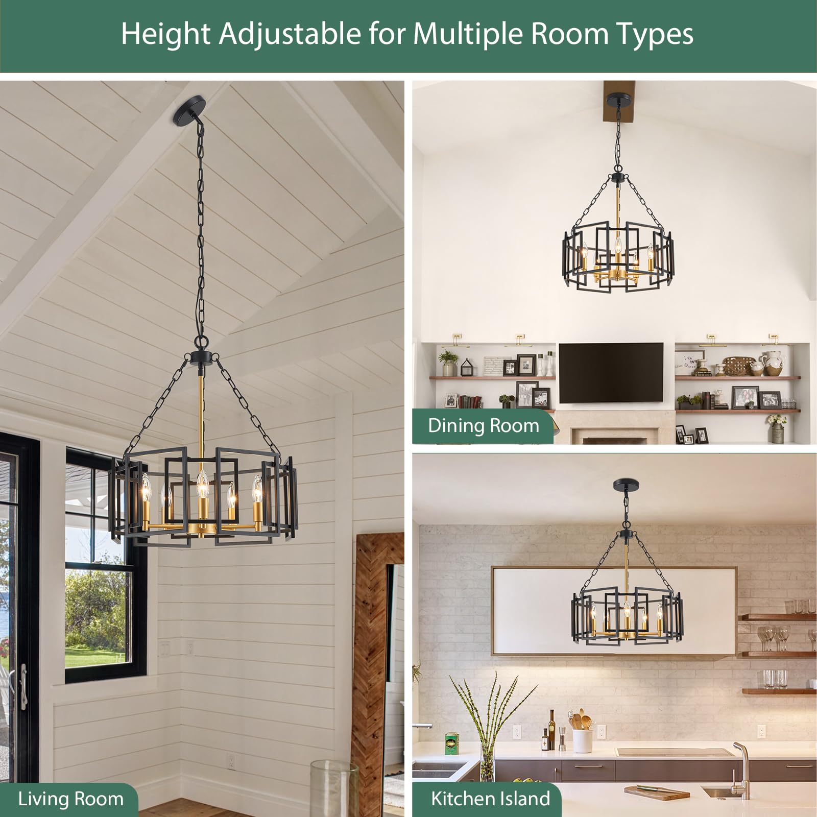 Gold Chandelier 5-Light Modern Kitchen Island Lighting Fixtures, Farmhouse Pendant Light 20 inches Retro Height Adjustable Ceiling Light for Dining Room, Bedroom, Living Room,Foyer