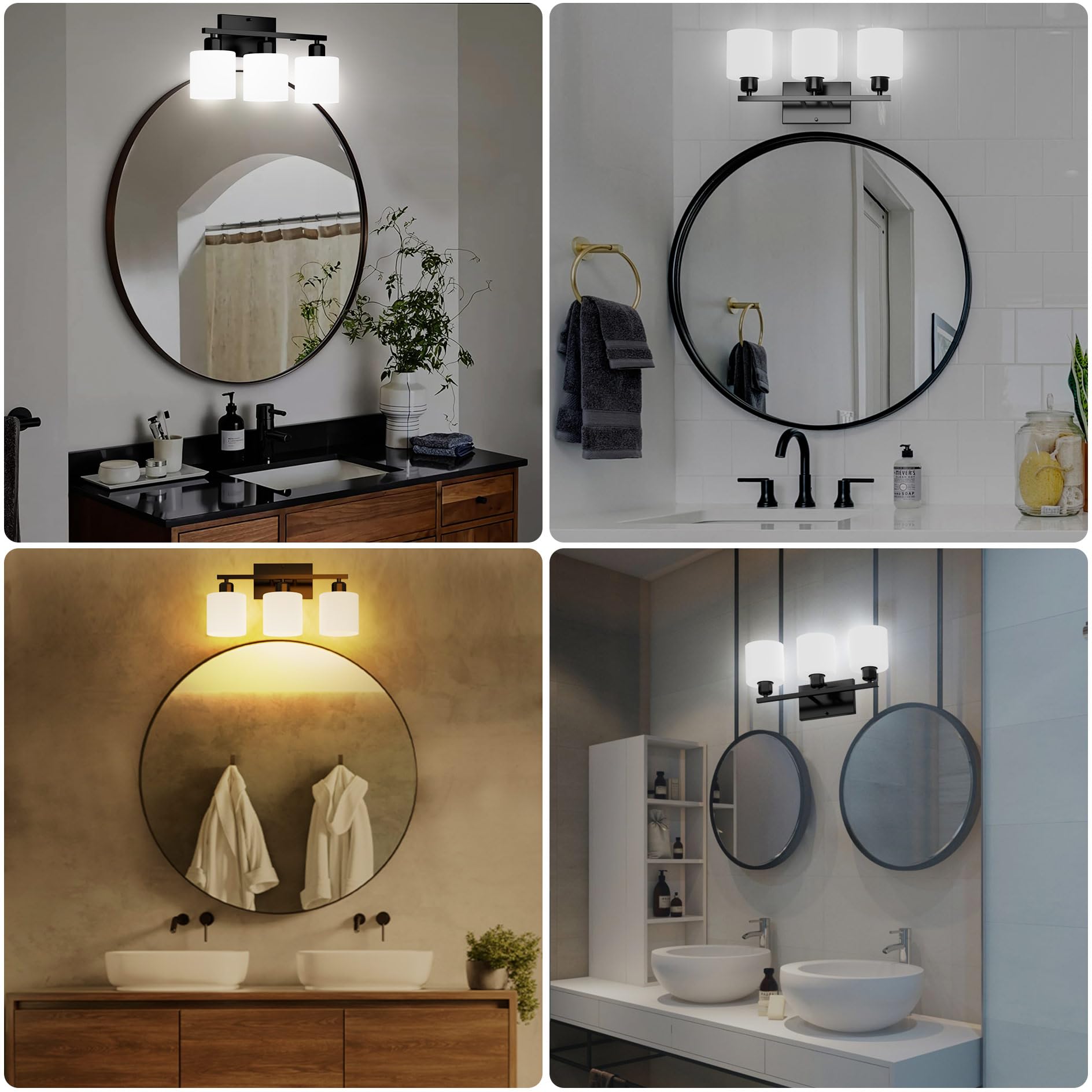 Black Bathroom Light Fixtures Over Mirror, Rustproof Vanity Lights for Bathroom, Modern 3-Light Wall Sconces for Living Room, Milky White Glass Shades, Standard E26 Base, Bulbs Not Included