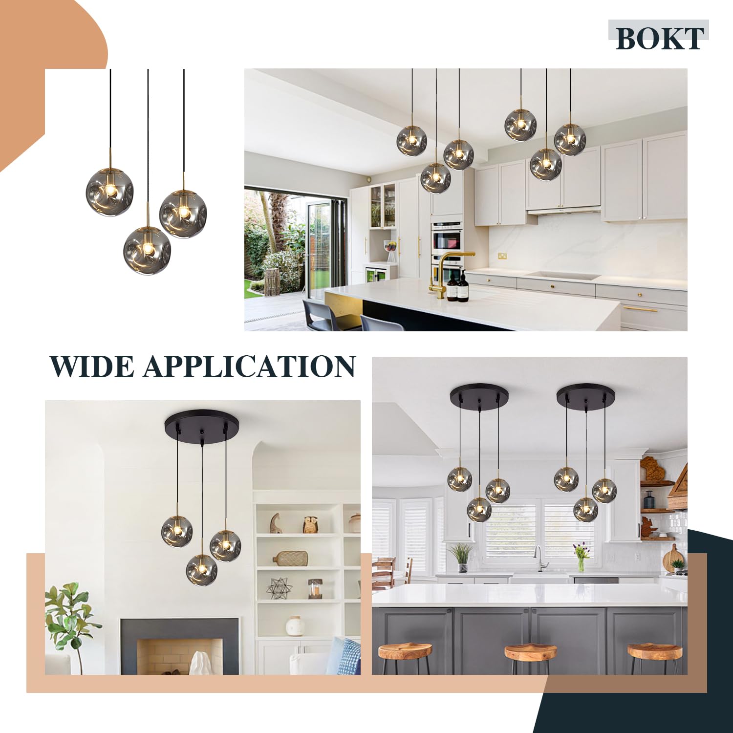 BOKT Modern Gold Kitchen Island Pendant Light Mid Century 3-Lights Globe Pendant Light Fixture Cluster Multi Light Pendant Lighting Bedside Glass Ball Pendant Lamp