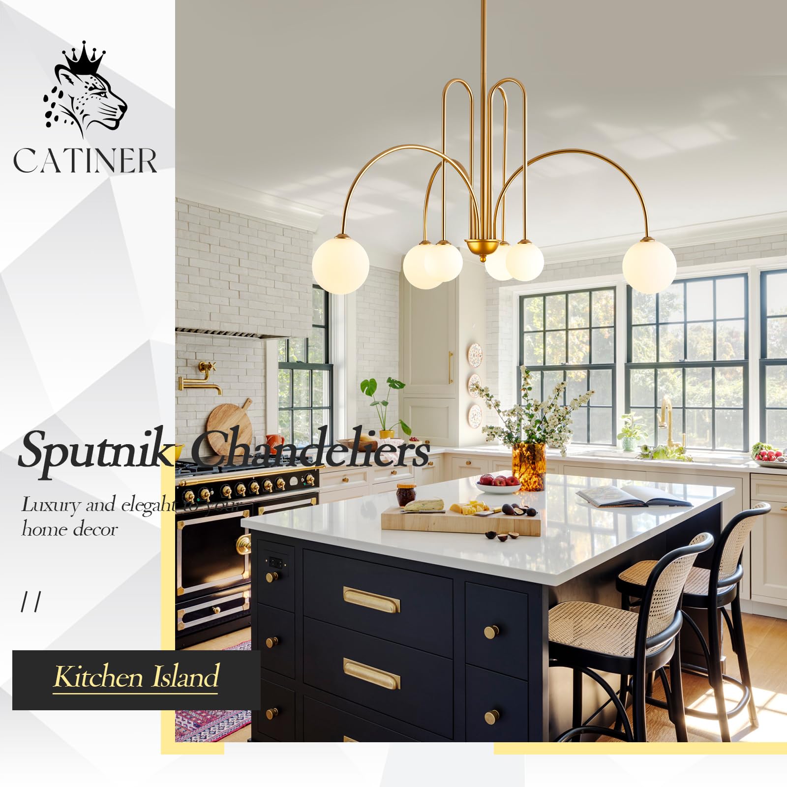 Gold Sputnik Chandeliers for Dining Room,Mid Century Crystal Glass Chandeliers 6 Lights Modern Ceiling Pendant Light Fixtures Iceberg Shape for Living Room Kitchen Island Bedroom