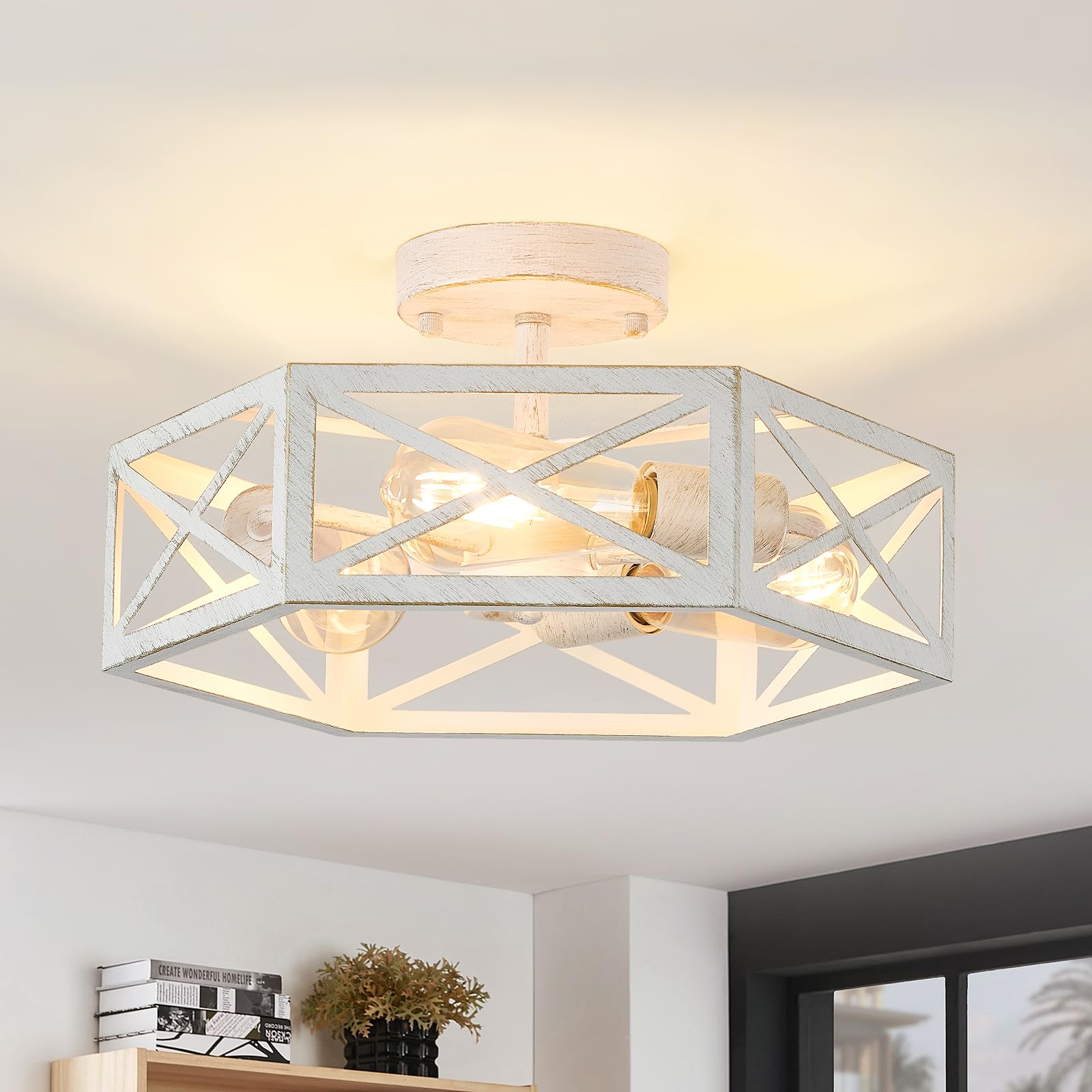 Semi Flush Mount Ceiling Light Fixture, Modern Farmhouse 3-Light Black Ceiling Light, Industrial Close to Ceiling Light with Metal Hexagon Cage Ceiling Lamp for Kitchen, Hallway, Bathroom