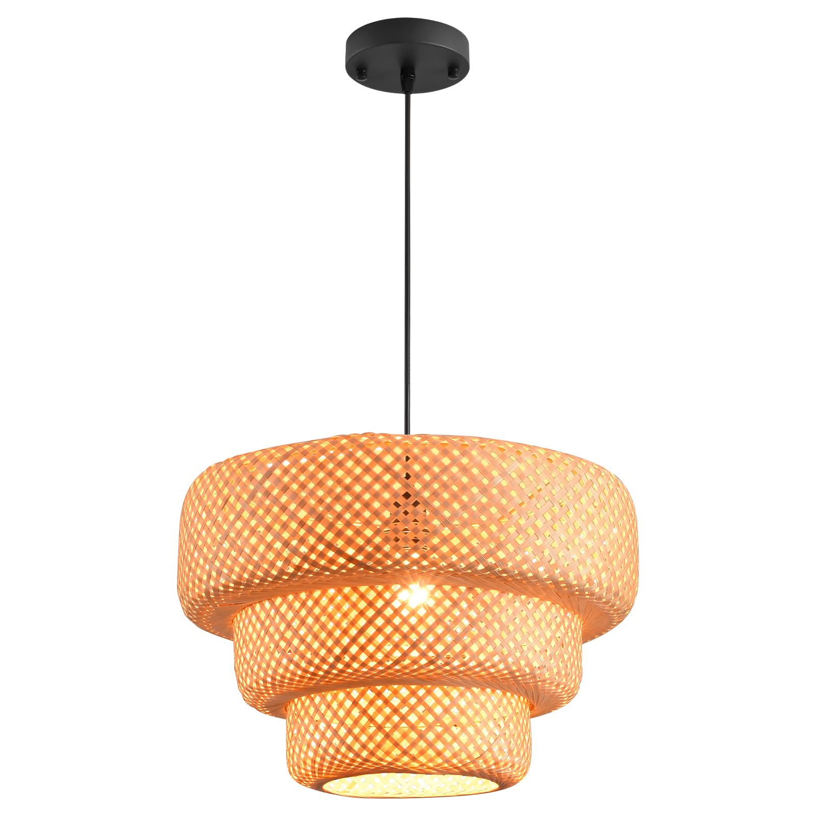 Boho Bamboo Pendant Light, 23.64in Bohemian Hand-Woven Rattan Chandelier Coastal Wicker Lighting Fixtures Hanging Lamp for Kitchen Island Dining Living Room Restaurants Bedroom