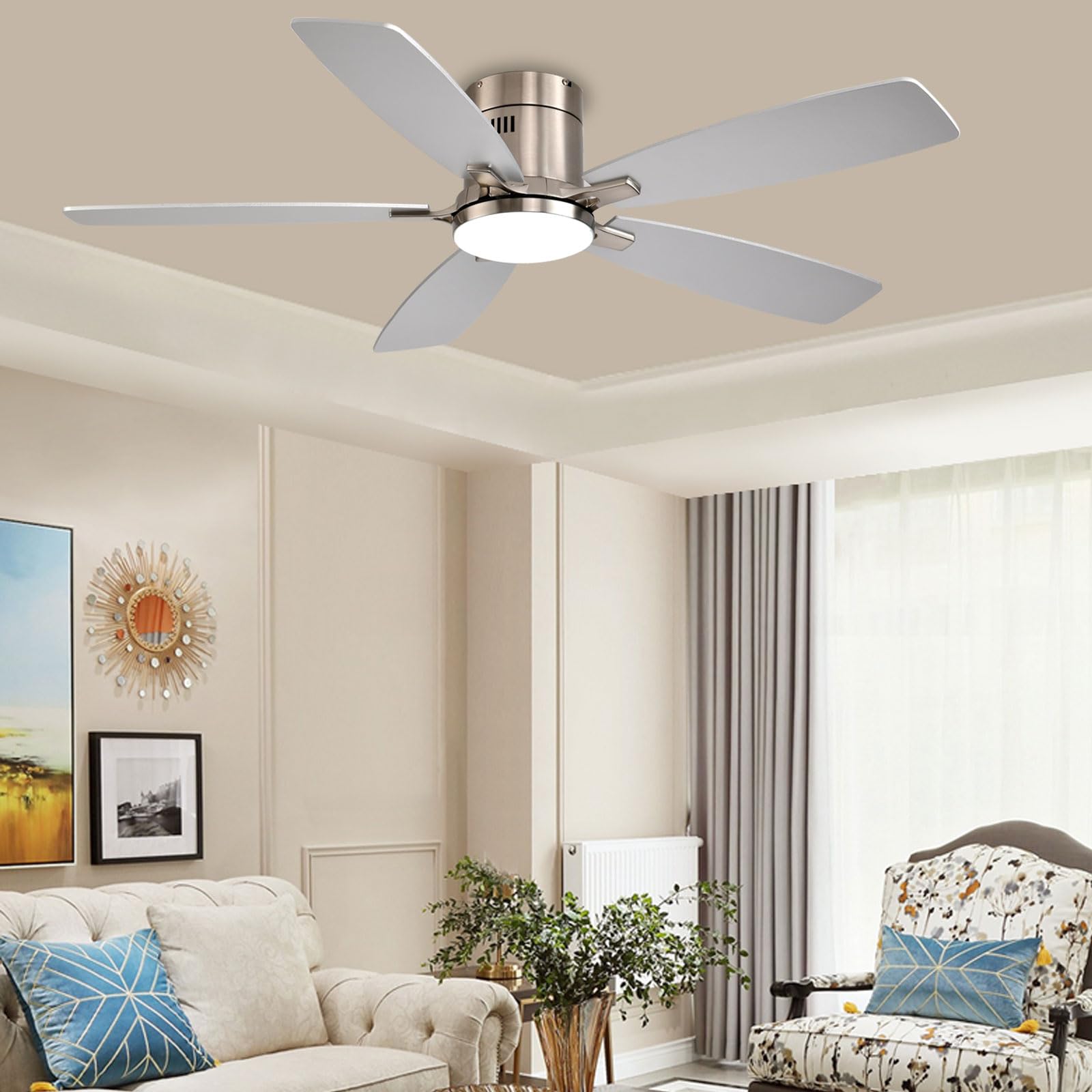 Ceiling Fans with Lights, 52 inch Low Profile Ceiling Fan with Light and Remote Control, Flush Mount, Reversible Motor, Dimmable, Noiseless, White Ceiling Fan for Bedroom, Indoor/Outdoor Use