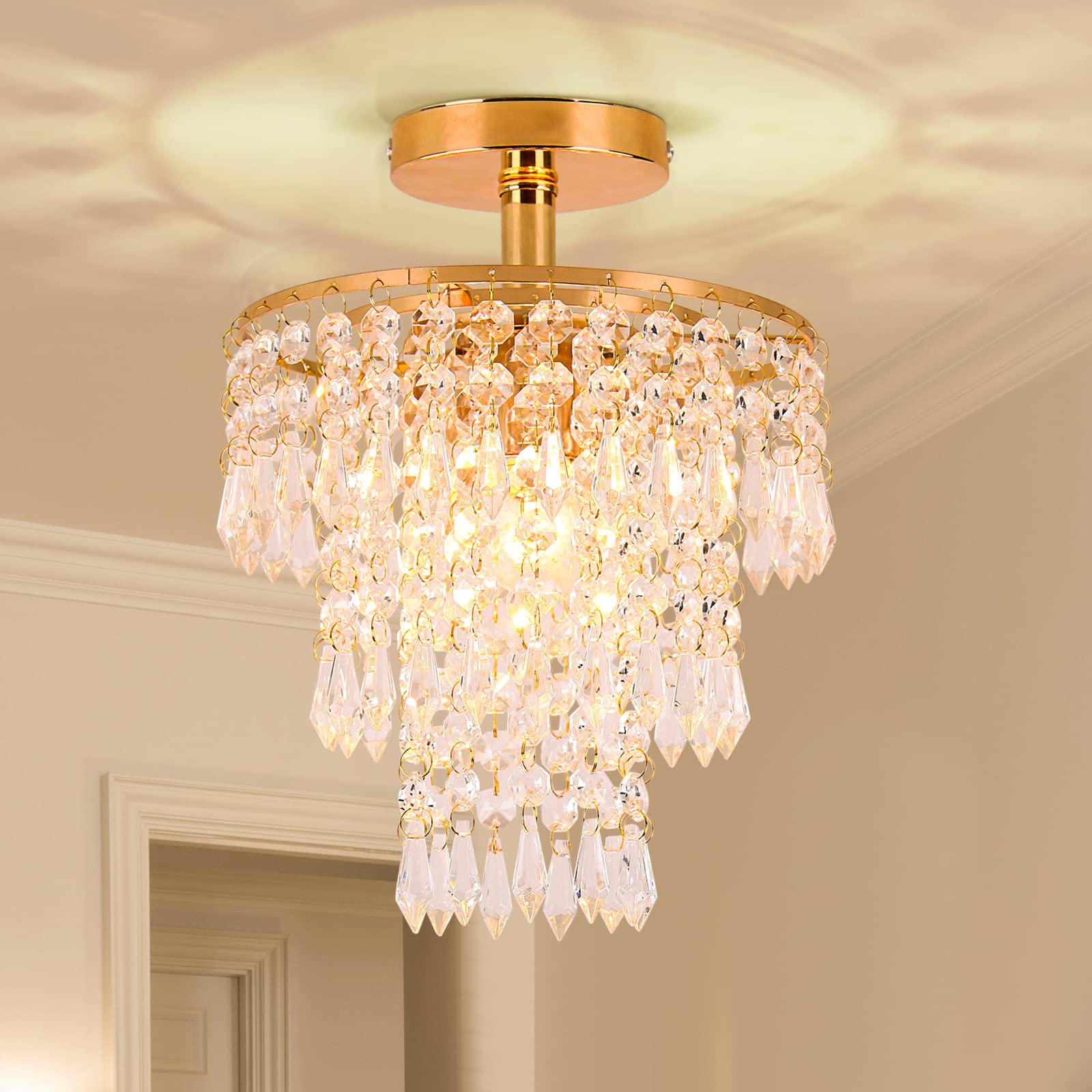 Mini Size Crystal Chandelier Modern Flush Mount Ceiling Light 3 Tiers Raindrops Crystal Pendant Lighting Fixture Decoration for Bedroom Hallway Living Room,E26 Base,Gold