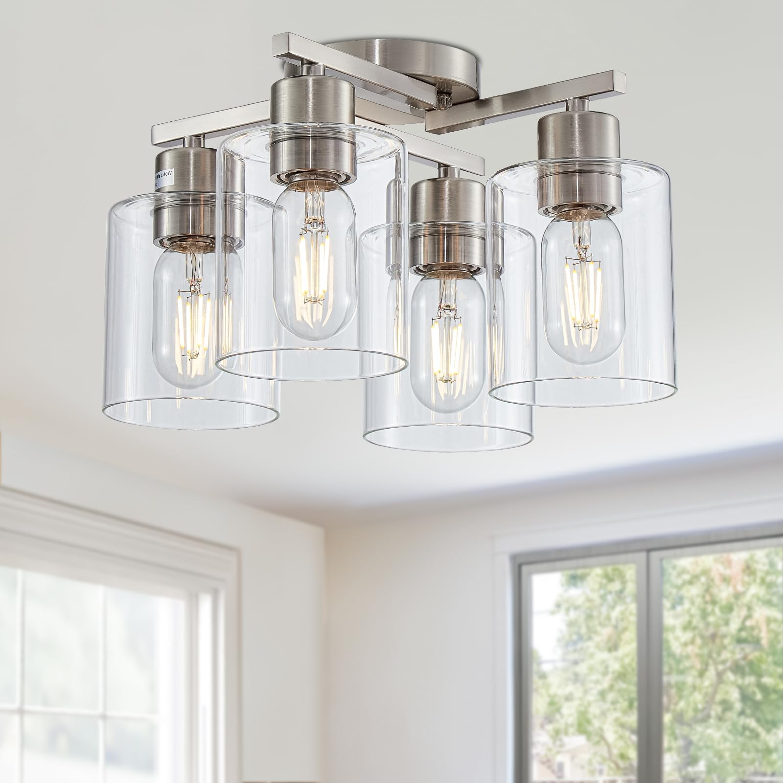 6 Light Semi Flush Mount Ceiling Light, Kitchen Lighting Fixtures Ceiling, Industrial Black Ceiling Light Fixtures with Clear Glass Shade for Hallway, Foyer, Farmhouse, Bedroom, Living Room