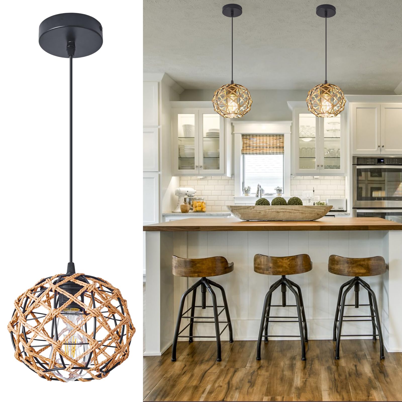 Pendant Light Fixture, 1Pack Rattan Kitchen Island Pendant Lights Black Retro Lantern Indoor Lighting for Dining Room Entryway Hallway