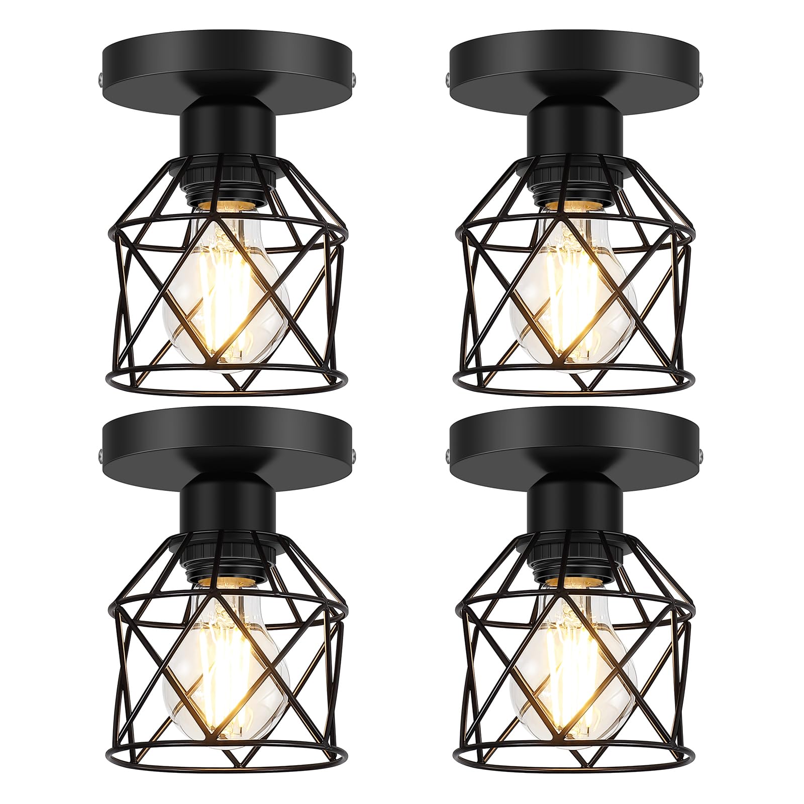 2-Pack Farmhouse Semi Flush Mount Ceiling Light, Black Hallway Light Fixtures Ceiling Mount, Small Metal Cage Indoor Ceiling Lamp for Kitchen Porch Bedroom (LED Bulbs Included)