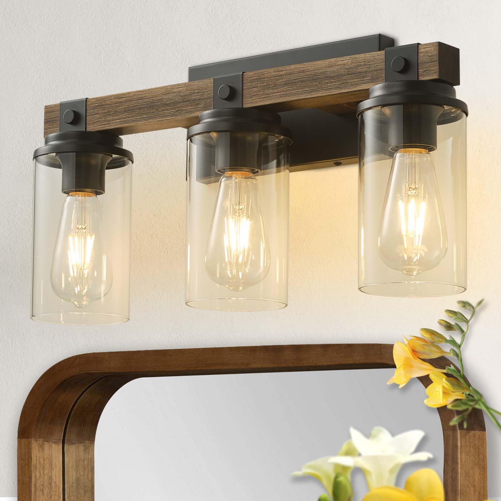 Farmhouse Bathroom Light Fixture Wood Black Vanity Lighting 2-Light Wooden Wall Sconce Industrial Rustic Wall Light Fixtures Over Mirror with Clear Glass Shade for Bathroom Hallway Kitchen Bedroom