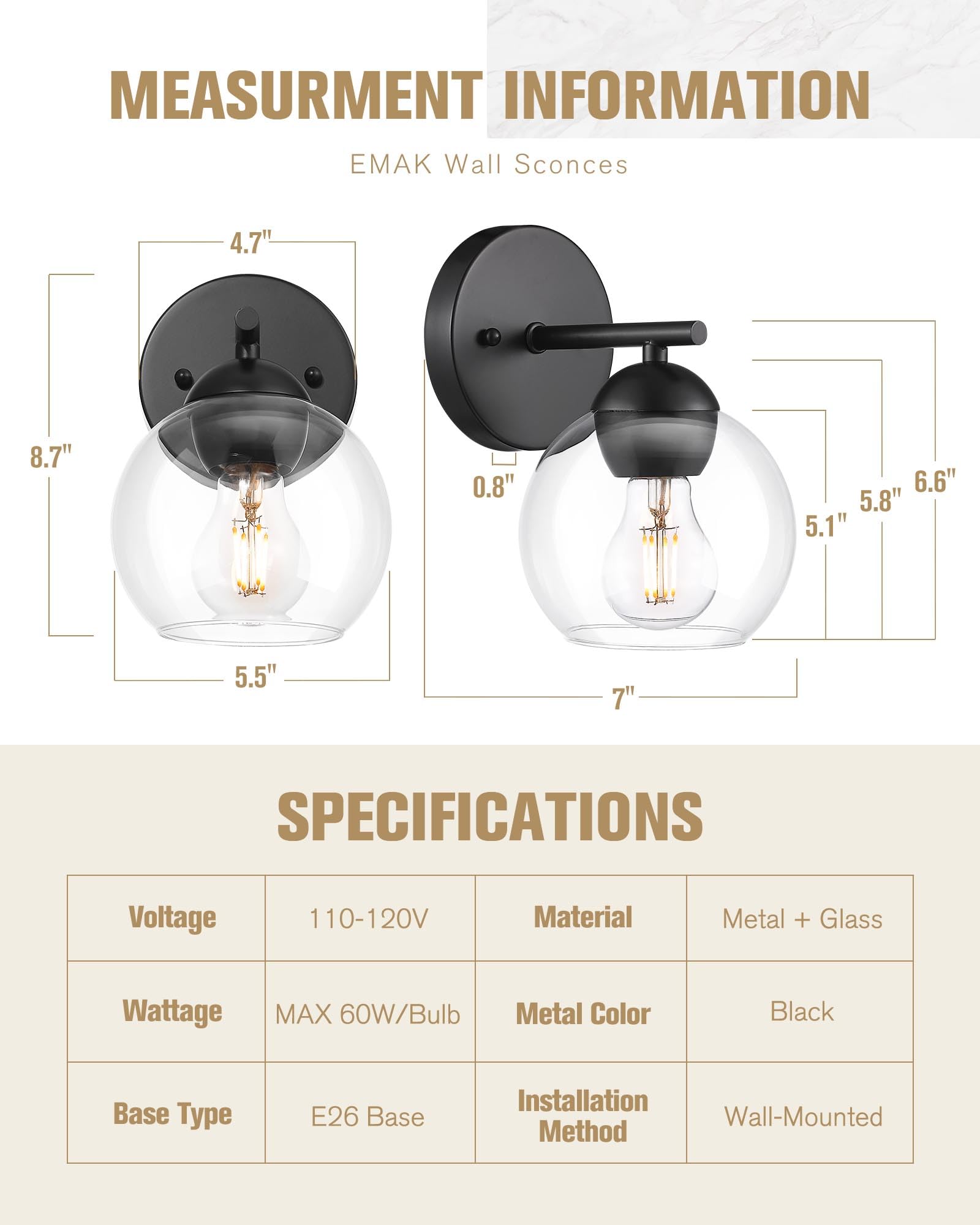 Black Vanity Lights for Mirror, Modern Farmhouse 2-Light Bathroom Light Fixtures Globe Bathroom Vanity Light with Milk Glass Shade, VL114-BK-ML-2