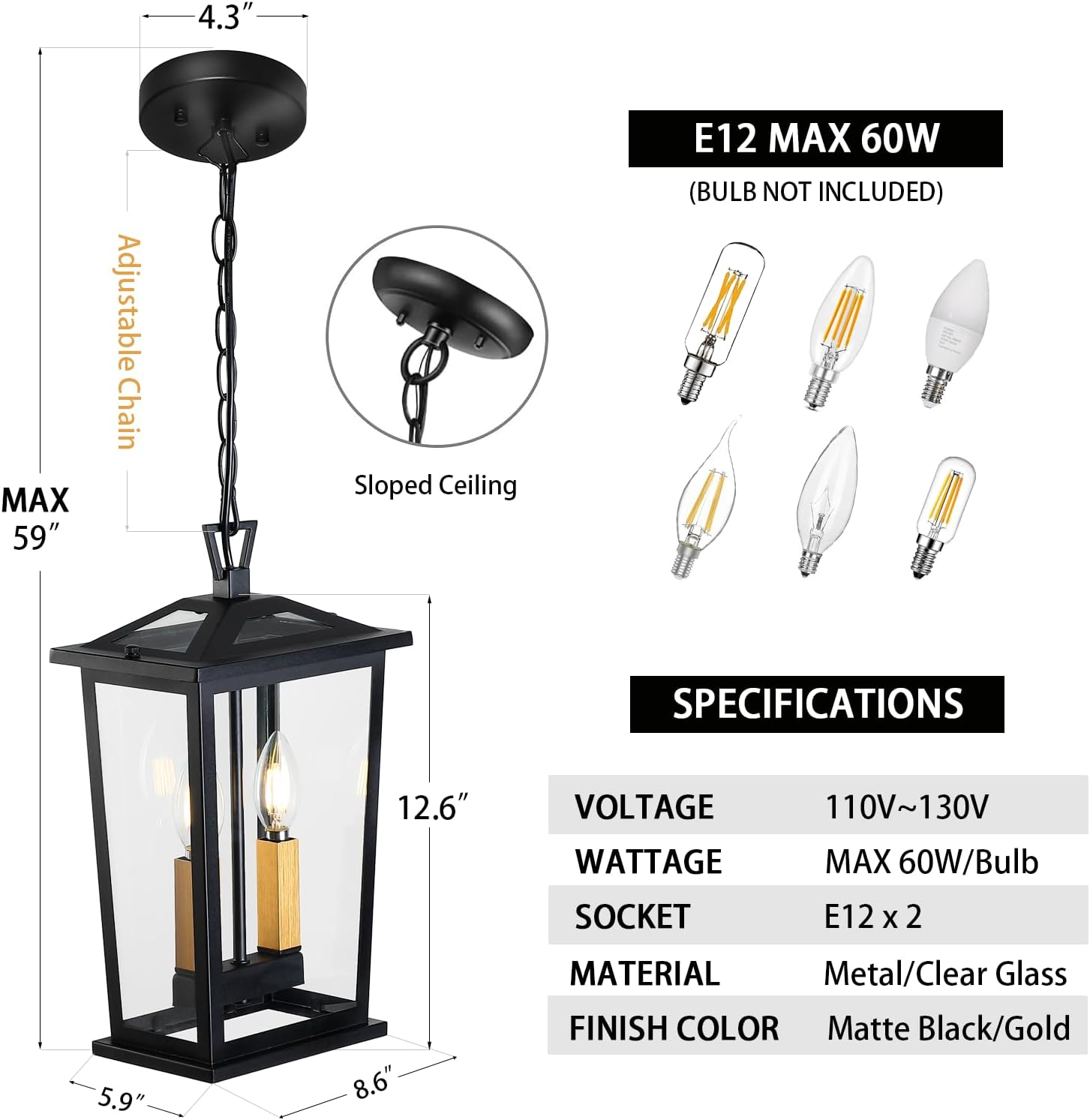 Large Outdoor Porch Pendant Light, Waterproof Exterior Hanging Lantern Chandelier for Front Porch Entryway, Dual E12 Brushed Gold Sockets, Black Metal Ceiling Mount with Clear Glass Shade