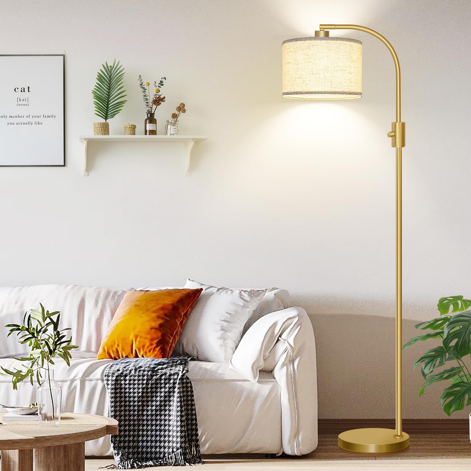 Dimmable Floor Lamp, 1200 Lumens LED Bulb Included, Gold Arc Floor Lamps for Living Room Modern Standing Lamp with Linen Shade, Tall Lamp for Living Room Bedroom Office Reading Room Nursery