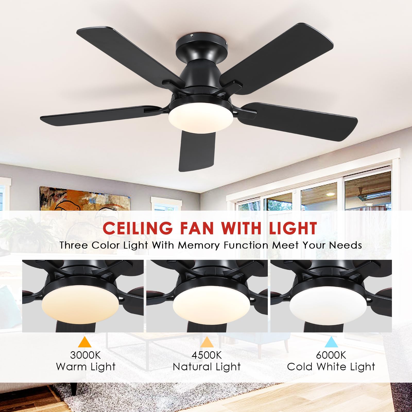 Ceiling Fans with Lights- 46"Low Profile Indoor Ceiling Fan with Light and Remote/APP Control, Flush Mount, LED Dimmable DC Reversible Modern Ceiling Fan for Bedroom（Black）