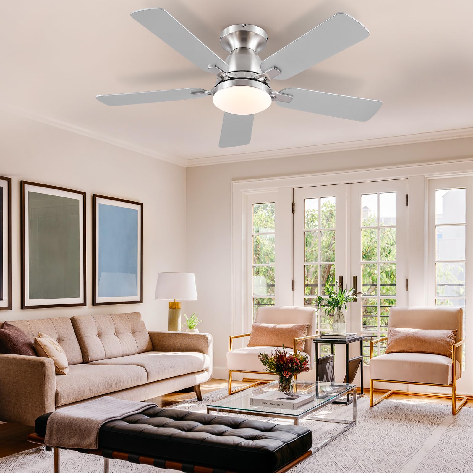 Ceiling Fans with Lights- 46"Low Profile Indoor Ceiling Fan with Light and Remote/APP Control, Flush Mount, LED Dimmable DC Reversible Modern Ceiling Fan for Bedroom（Black）