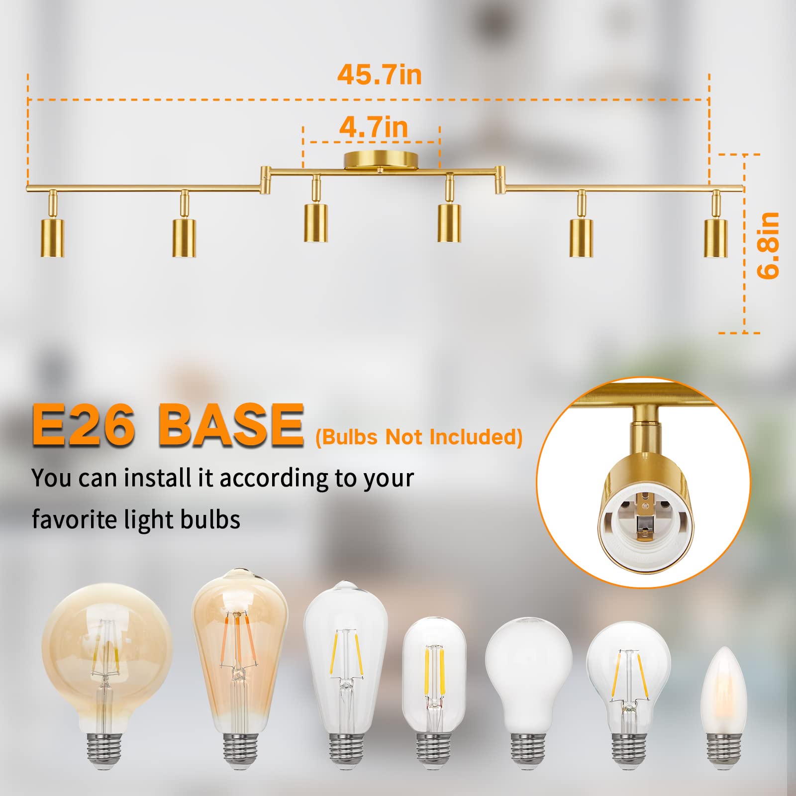 4 Lights Track Lighting Fixtures Ceiling, Flush Mount Gold Track Lights Kit, Modern Directional Kitchen Ceiling Lamp with Flexibly Adjustable E26 Light Heads, for Living Room, Office