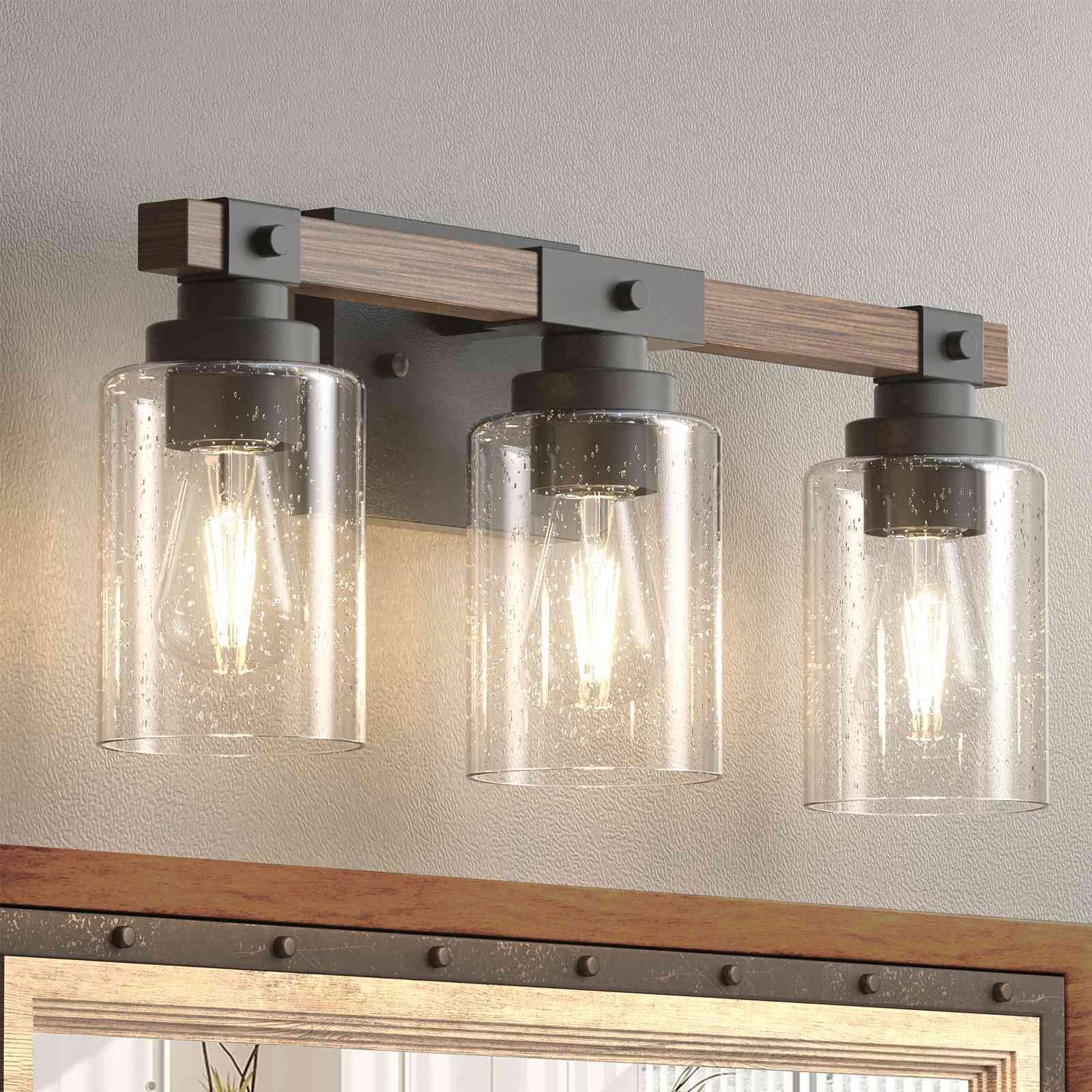 Amico Farmhouse Bathroom Vanity Light Fixtures,Rustic 4-Light Industrial Painted Wood Vanity Lights for Bathroom,Vintage Black Wall Sconces Bathroom Vanity Lighting with Bubble Glass Shade