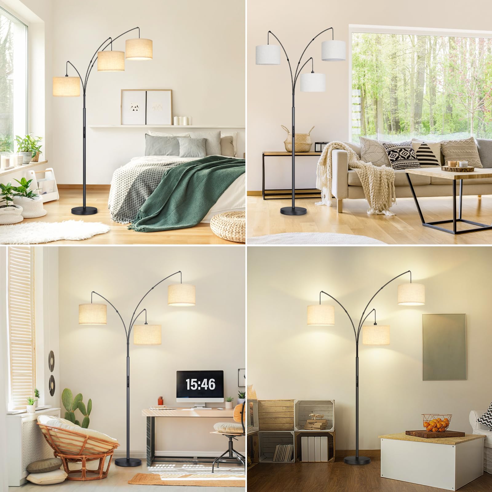 Arc Led Floor Lamp, Modern Black 3 Light Arched Tall Floor Lamp for Bedroom, 2400lm Mid Century Adjustable Standing Corner Lamps for Living Room Office, 3 LED Bulbs Included, Beige Lampshade