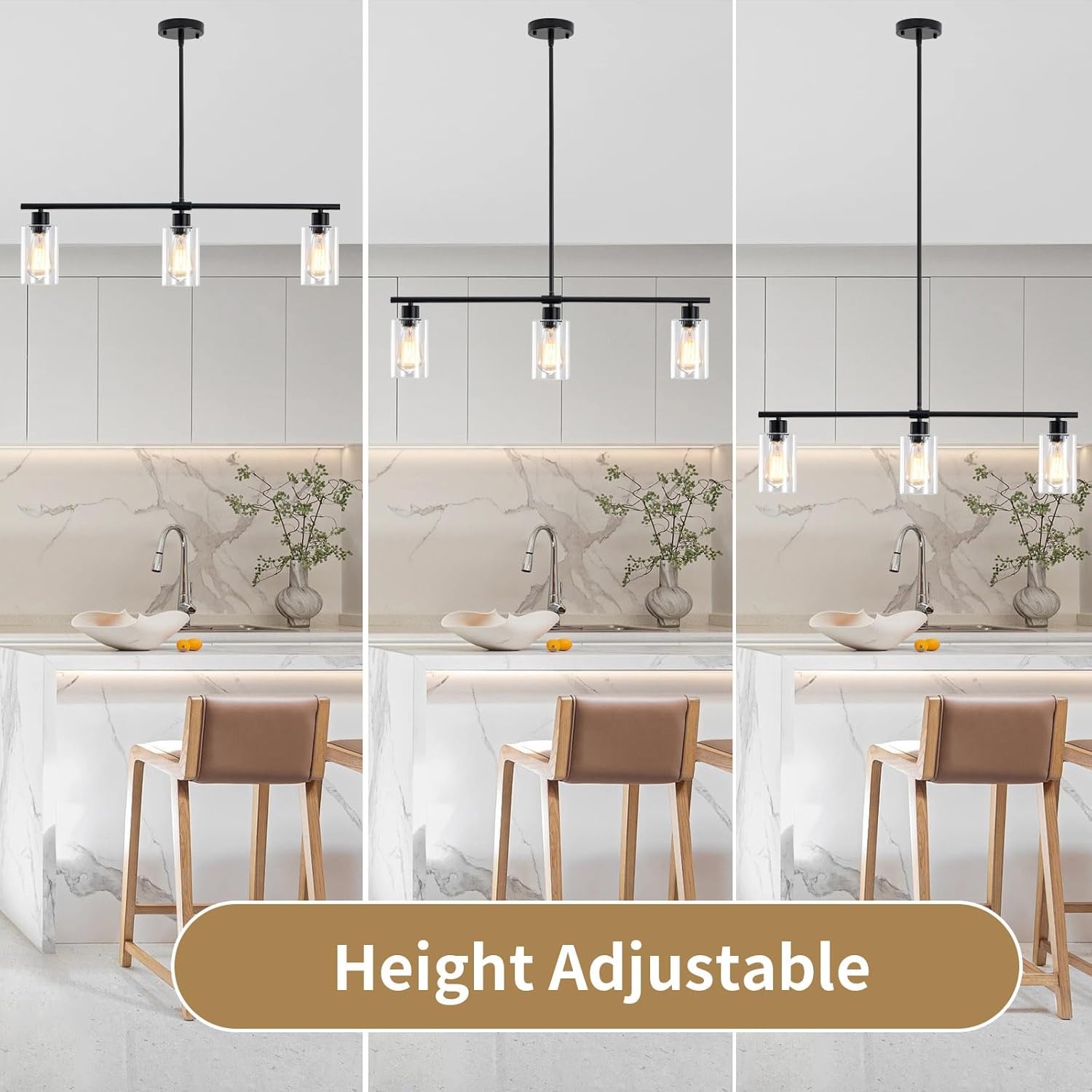 Pendant Lights Kitchen Island - Dining Room Light Fixture with 3 Clear Glass Shades - Modern Black Light Fixture Kitchen Island Lighting for Farmhouse Living Room Foyer Entryway