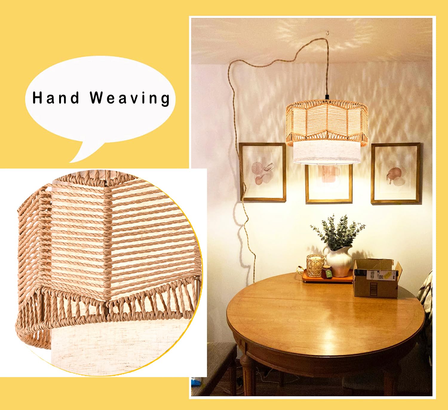 Plug in Pendant Light Rattan Hanging Lights with Plug in Cord Bamboo Hanging Lamp Dimmable,Handmade Woven Boho Wicker Basket Lamp Shade,Plug in Ceiling Light Fixture for Living Room Bedroom Kitchen