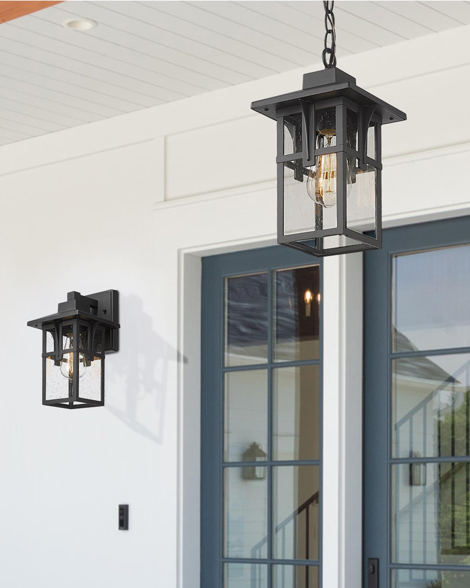 Outdoor Pendant Lights for Porch, HWH Exterior Hanging Porch Light, Farmhouse Outdoor Pendant Lighting with Height Adjustable Chain, Seeded Glass Shade, Matte Black Finish with Gold Edge, 5HX62H BG