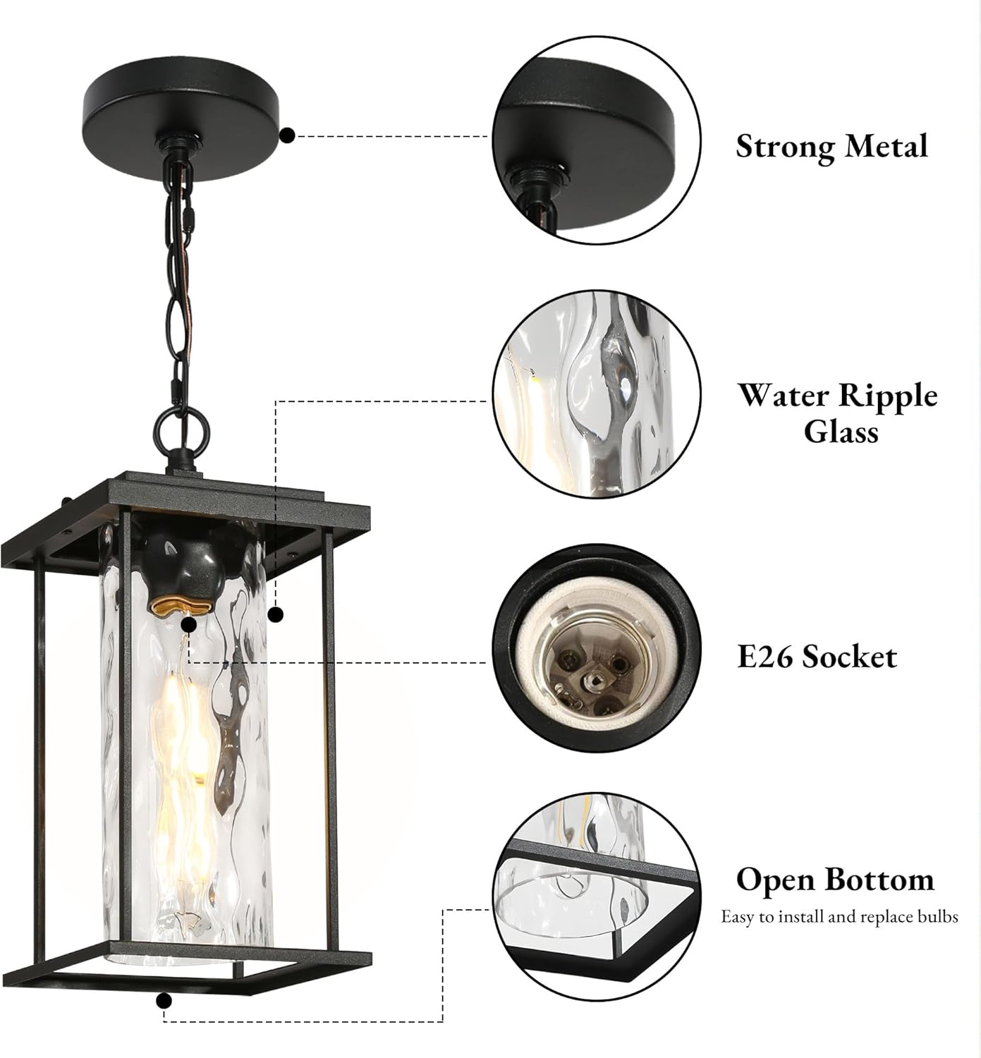 Outdoor Pendant Light Fixture, Farmhouse Exterior Hanging Lights with Water Ripple Glass & Adjustable Chain, Black Ceiling Outdoor Rectangle Hanging Lantern for Front Door, Entry, Porch, and Gazebo