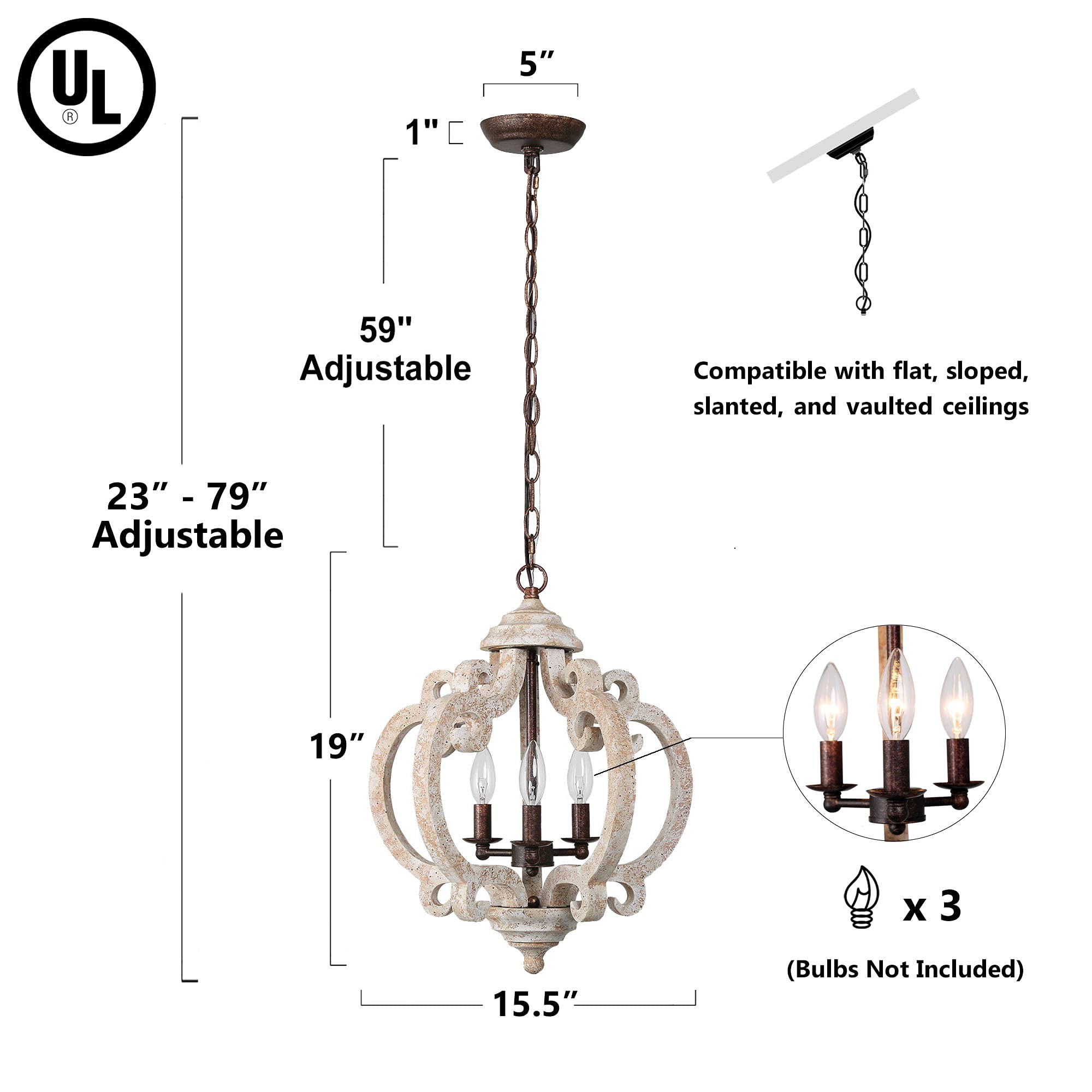 Farmhouse Chandelier for Dining Room, Wood Chandelier Light Fixture for Foyer, 15.5'' Dia