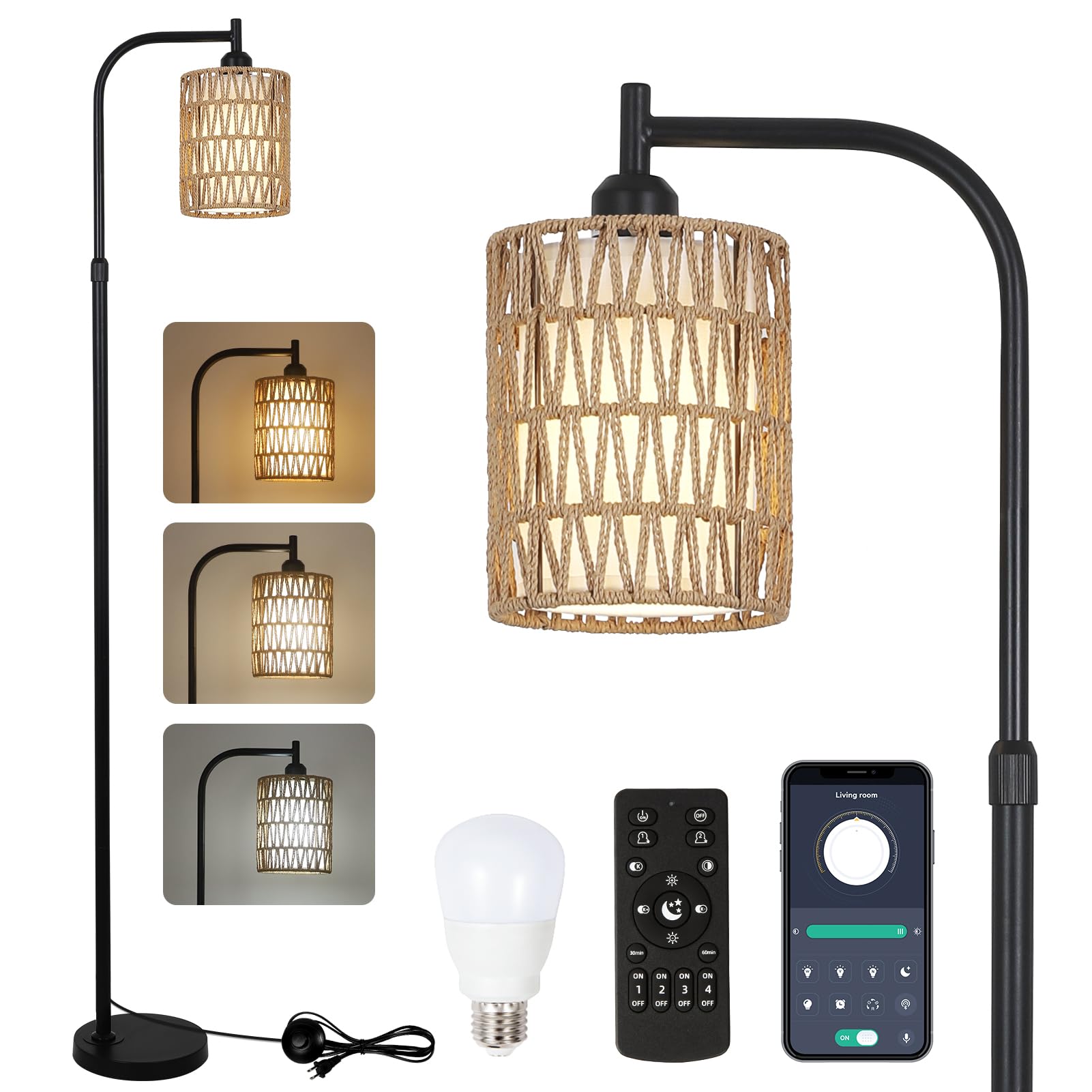 Modern Gold Floor Lamps for Living Room, Boho Rattan Floor Lamp with Remote & Dimmable LED Bulb, Farmhouse Standing Lamp with Rattan Shades, Minimalist Tall Pole Lamp for Bedroom Office