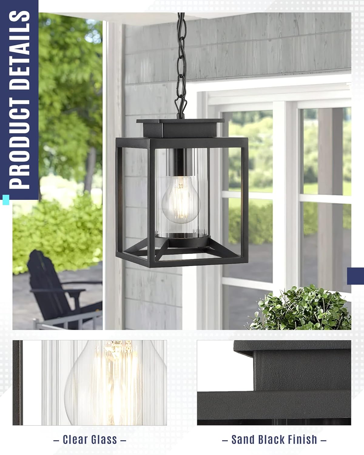 Outdoor Pendant Light, 1-Light Modern Outdoor Hanging Lantern with Adjustable Chain, Exterior Hanging Porch Light in Black Finish with Cylinder Glass, 2353/1H