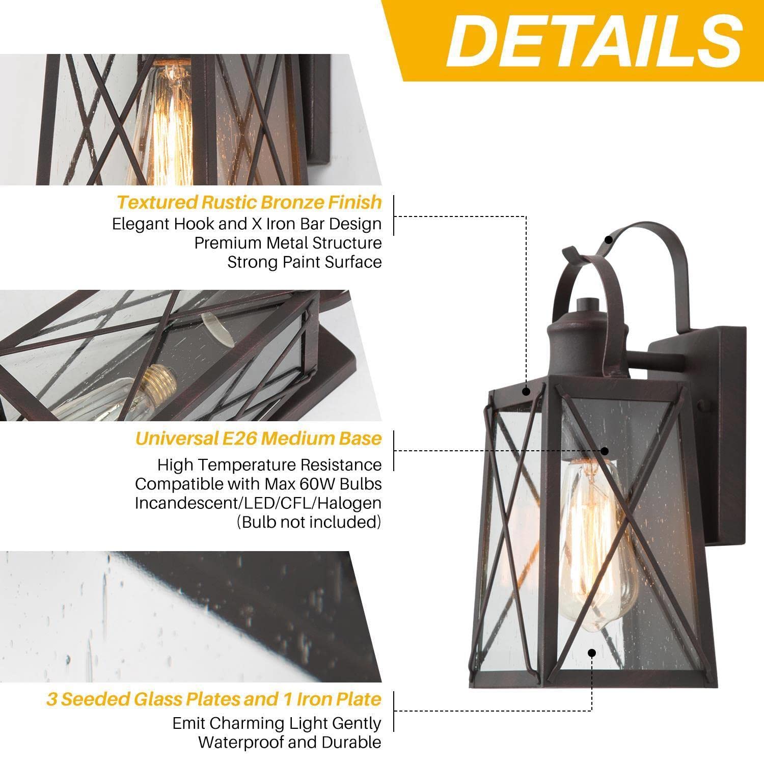 Outdoor Wall Lights, Exterior Wall Sconces Light Fixture with Seeded Glass, Waterproof and Anti-Rust Lanterns for Front Door, Entry, Porch, Patio, and Gazebo