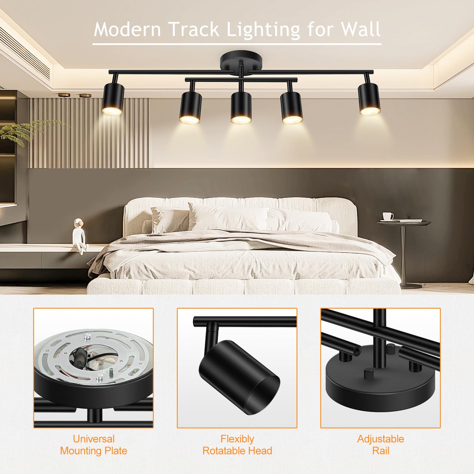 LED 2 Light Track Lighting Kit, Black 2 Way Ceiling Spot Lighting, Flexibly Rotatable Light Head for Kitchen, Living Room, Bedroom, GU10 Bulb Not Included